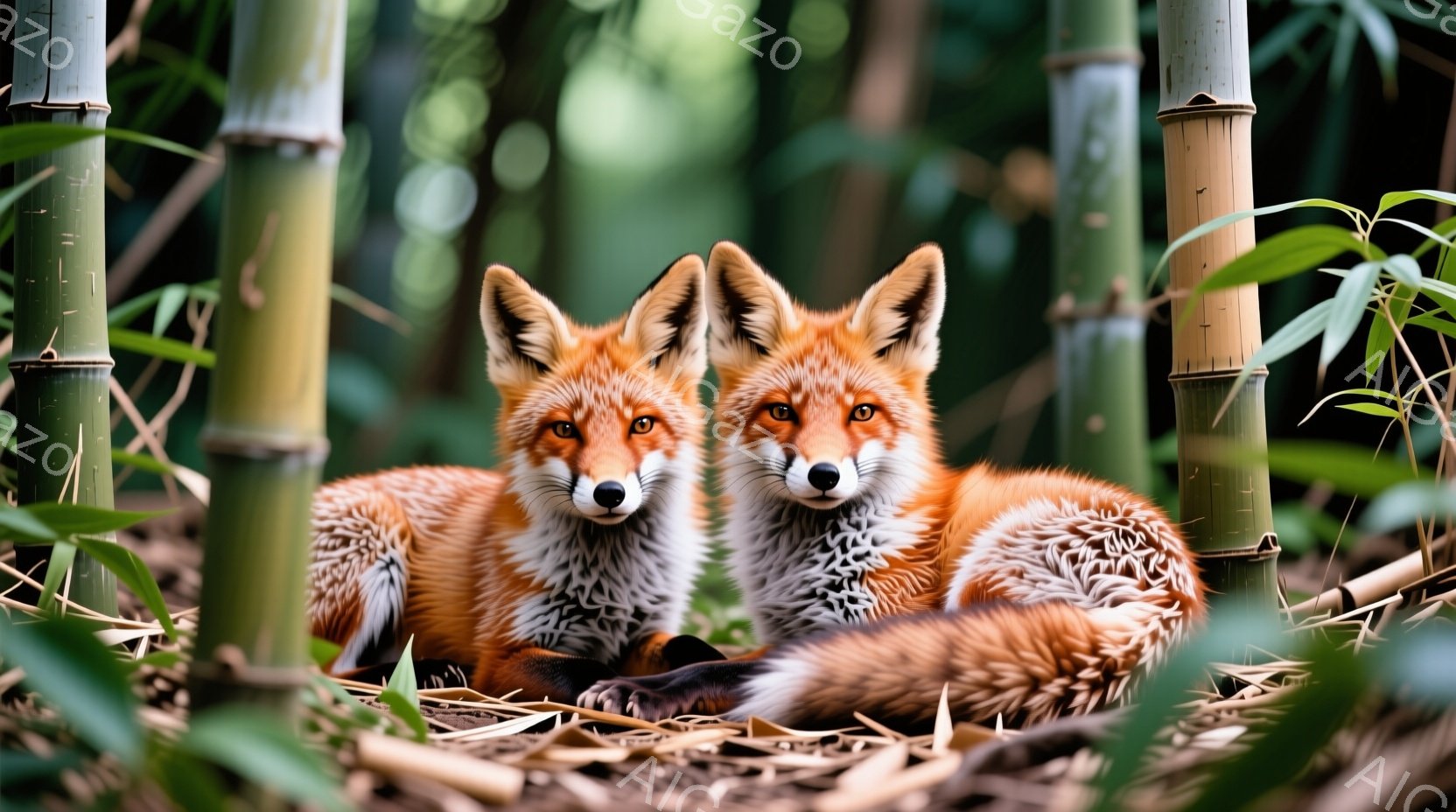 鮮やかな赤褐色の毛並みを持つ二匹の狐が、竹林の中に横たわっています。二匹は正面を見据え、落ち着いた表情で、まるでモデルのように穏やかにポーズをとっています。背景には緑豊かな竹が立ち並び、地面には落ち葉が散らばり、静かで穏やかな雰囲気を醸し出しています。