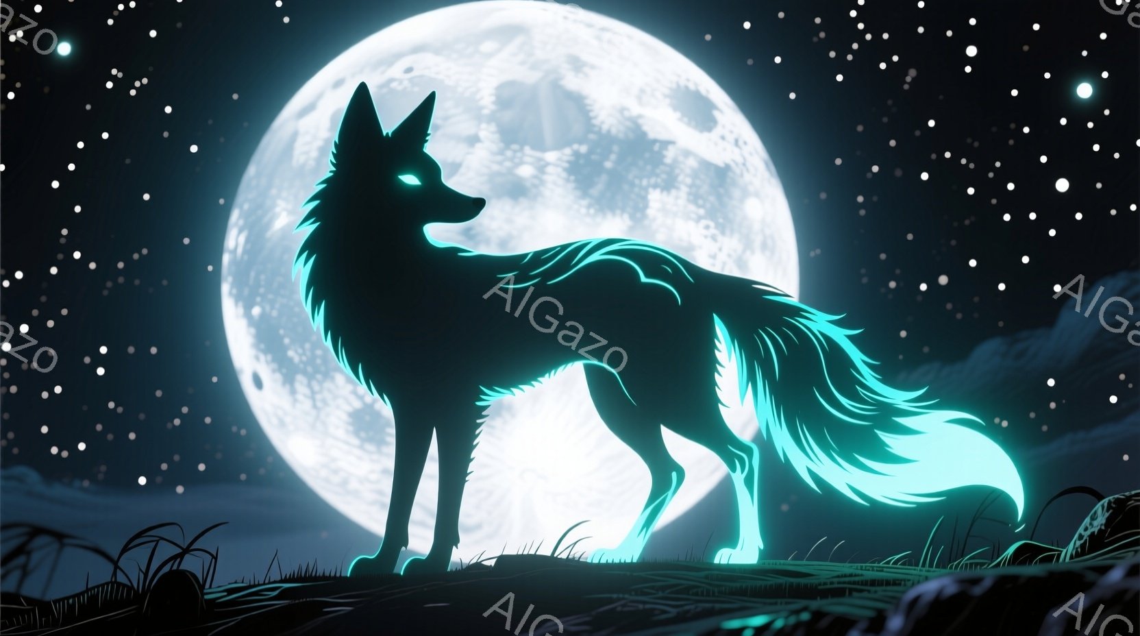 暗いシルエットの狼が、満月の前に立っている。狼の尾や一部の毛並みは、淡い青い光を放ち、神秘的な雰囲気を醸し出している。背景には星空が広がり、薄暗い草原が狼の足元に広がっている。 - AI生成フリー素材