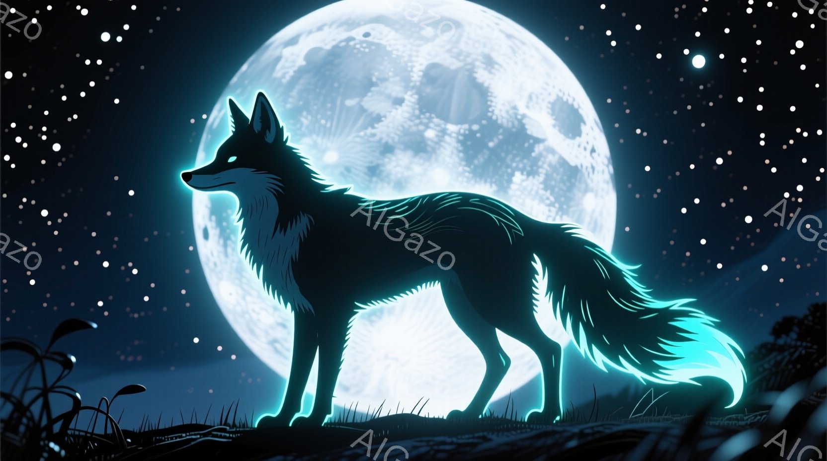暗いシルエットの狼が、大きく明るい満月の前に立っている。狼の体の一部は青い光を発しており、神秘的な雰囲気を醸し出している。背景は夜空で、星が散りばめられ、遠くには植物のシルエットが見える。