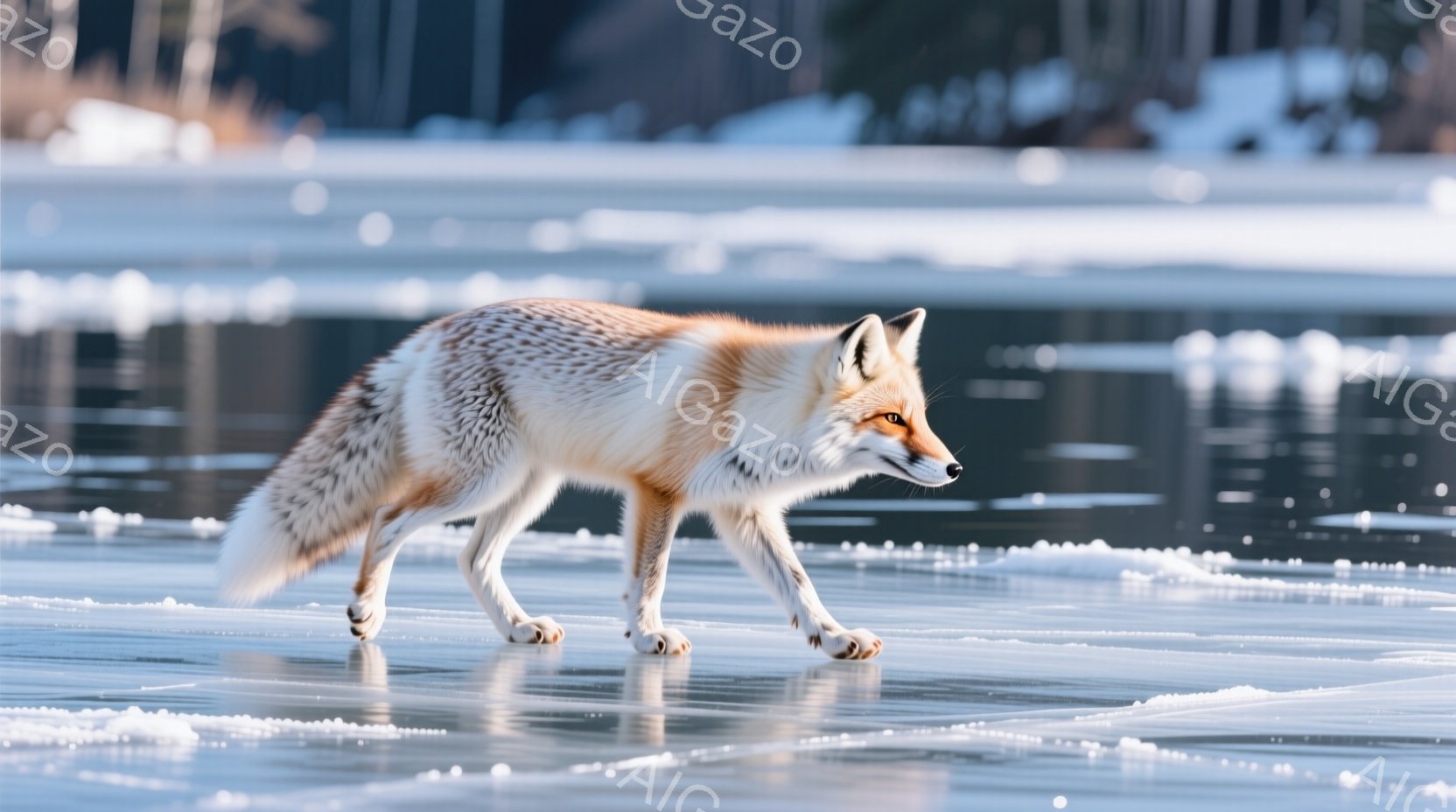 凍った湖面を、赤褐色の毛並みのキツネが歩いている。その姿は凛々しく、鋭い眼差しは遠くを見つめているようだ。背景には、雪に覆われた植物とぼんやりとした景色が広がり、静かで寒々とした冬の雰囲気を醸し出している。