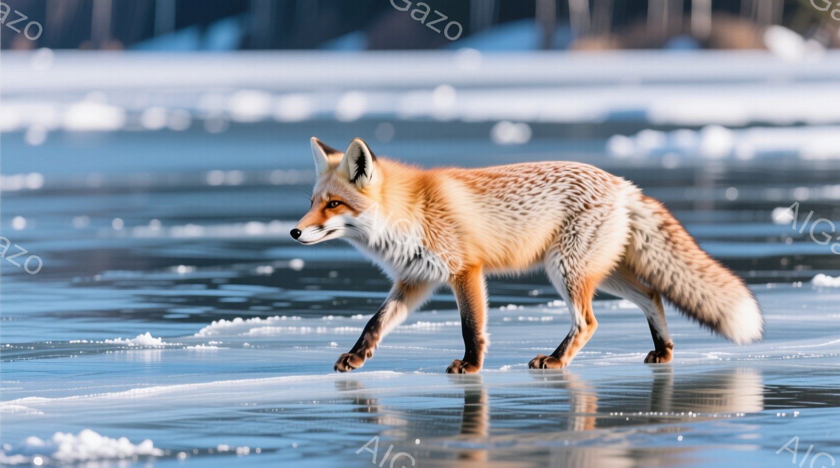 広大な氷の表面を、毛並みの美しい赤褐色のキツネが歩いている。キツネは警戒心と好奇心を湛えた表情で、前方をじっと見つめている。背景にはぼやけた冬の風景が広がり、光が氷面で反射して幻想的な雰囲気を醸し出し - AI生成フリー素材