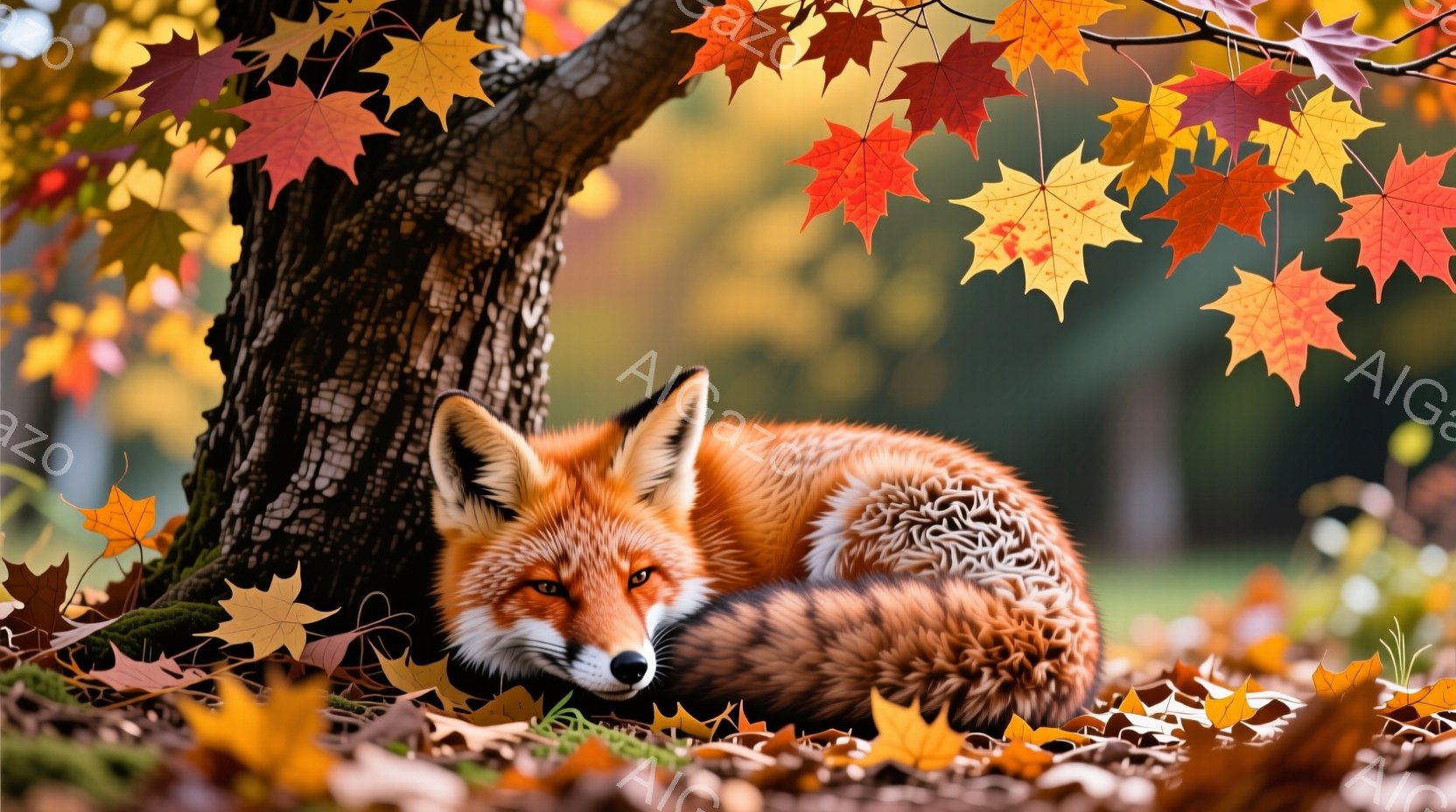 鮮やかな赤褐色の毛並みを持つキツネが、木の根元に丸まって休んでいる。周囲には赤や黄色の落ち葉が散りばめられ、秋の深まりを感じさせる背景が広がっている。キツネは目を閉じ、穏やかな表情で安らかなひとときを - AI生成フリー素材