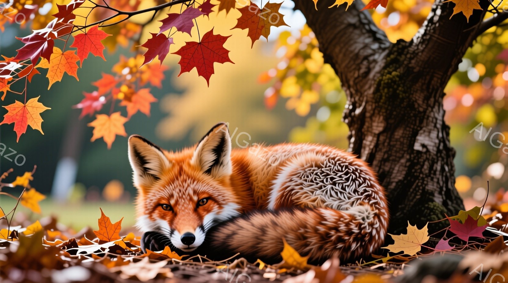 鮮やかなオレンジ色の毛並みを持つキツネが、木の根元で丸まって休んでいる。周囲には赤や黄色の落ち葉が散らばり、秋の温かい雰囲気を醸し出している。キツネの視線はわずかにこちらを捉え、静かで穏やかな時間が流 - AI生成フリー素材
