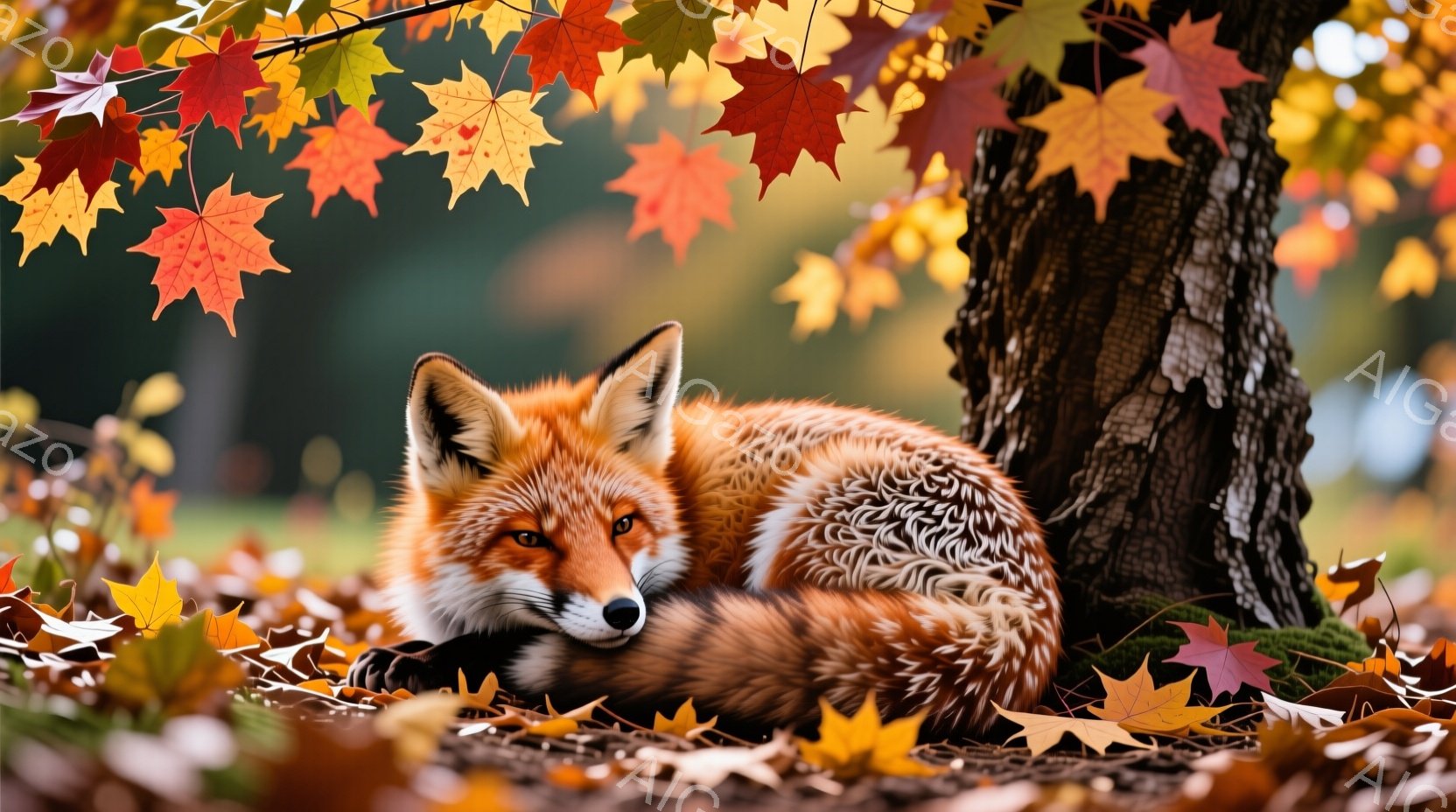 深い赤褐色の毛並みを持つキツネが、木の根元に丸まって休んでいる。鮮やかな紅葉が周囲に散りばめられ、秋の深まりを感じさせる背景は、暖かく穏やかな雰囲気を醸し出している。キツネの鋭い眼差しは、どこか物憂げ - AI生成フリー素材