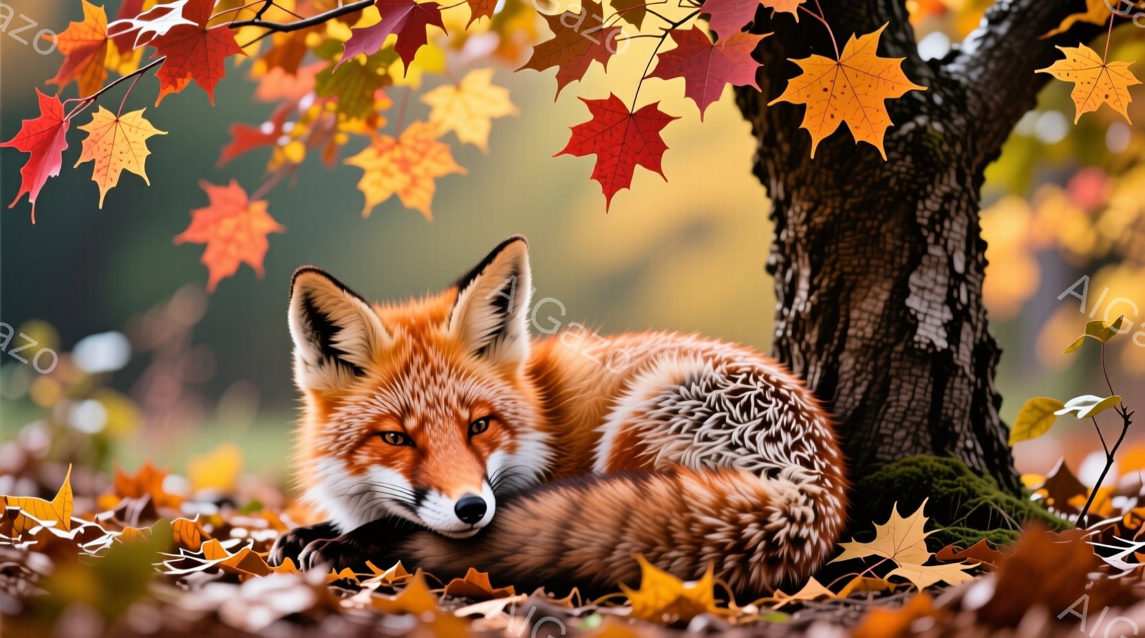 深い赤褐色の毛並みを持つキツネが、木の根元で丸まって休んでいる。背景には、鮮やかな赤やオレンジ色の落ち葉が広がり、秋の穏やかな雰囲気を醸し出している。キツネはわずかに顔を上げ、澄んだ瞳でこちらを見つめ - AI生成フリー素材