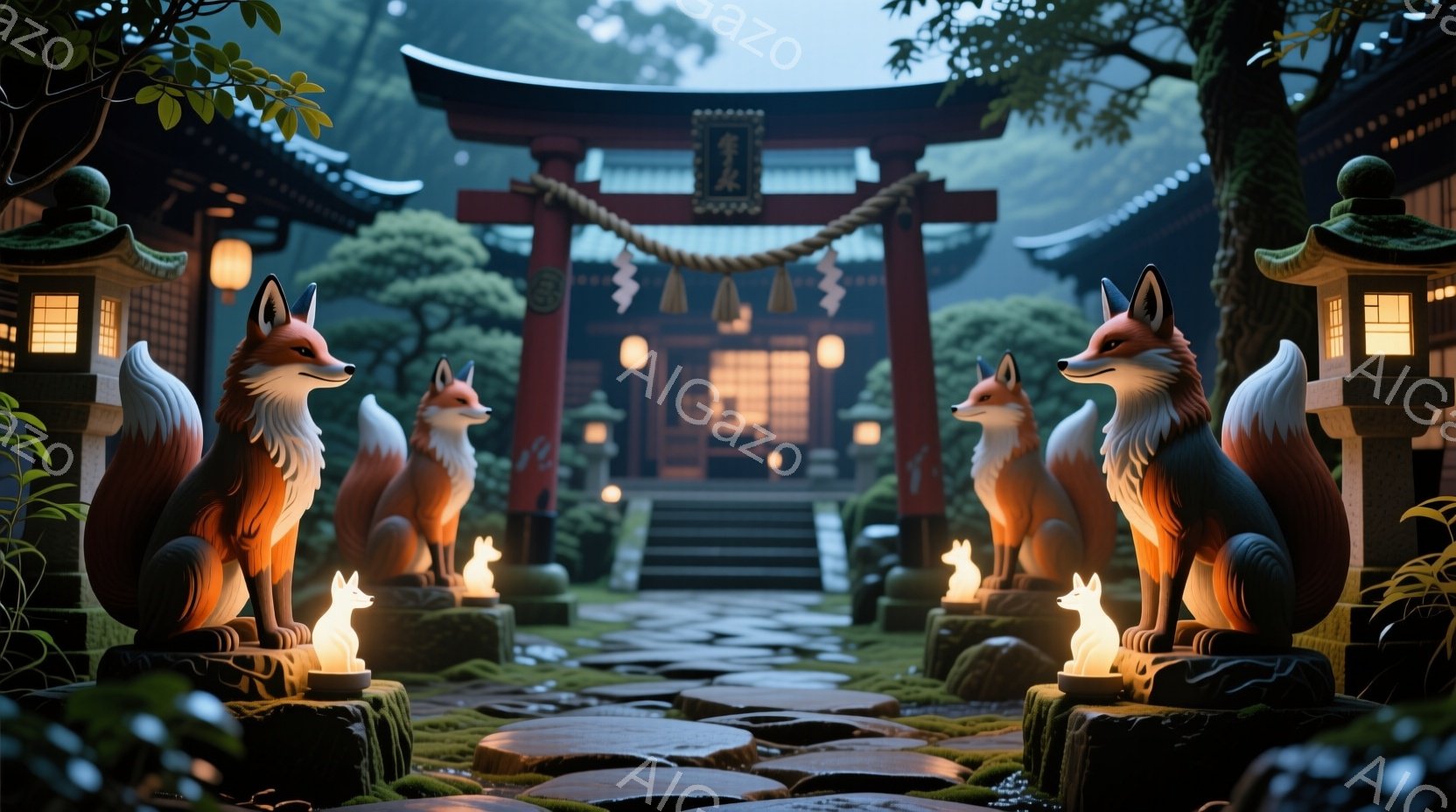 朱色の鳥居が並び、その両脇には狐の像が配置されている風景です。石畳の道が鳥居へと続き、背景には伝統的な様式の建物が見え、周囲は緑豊かな自然に囲まれています。全体的に静かで神秘的な雰囲気が漂い、夜間の柔らかな光が幻想的な空間を演出しています。