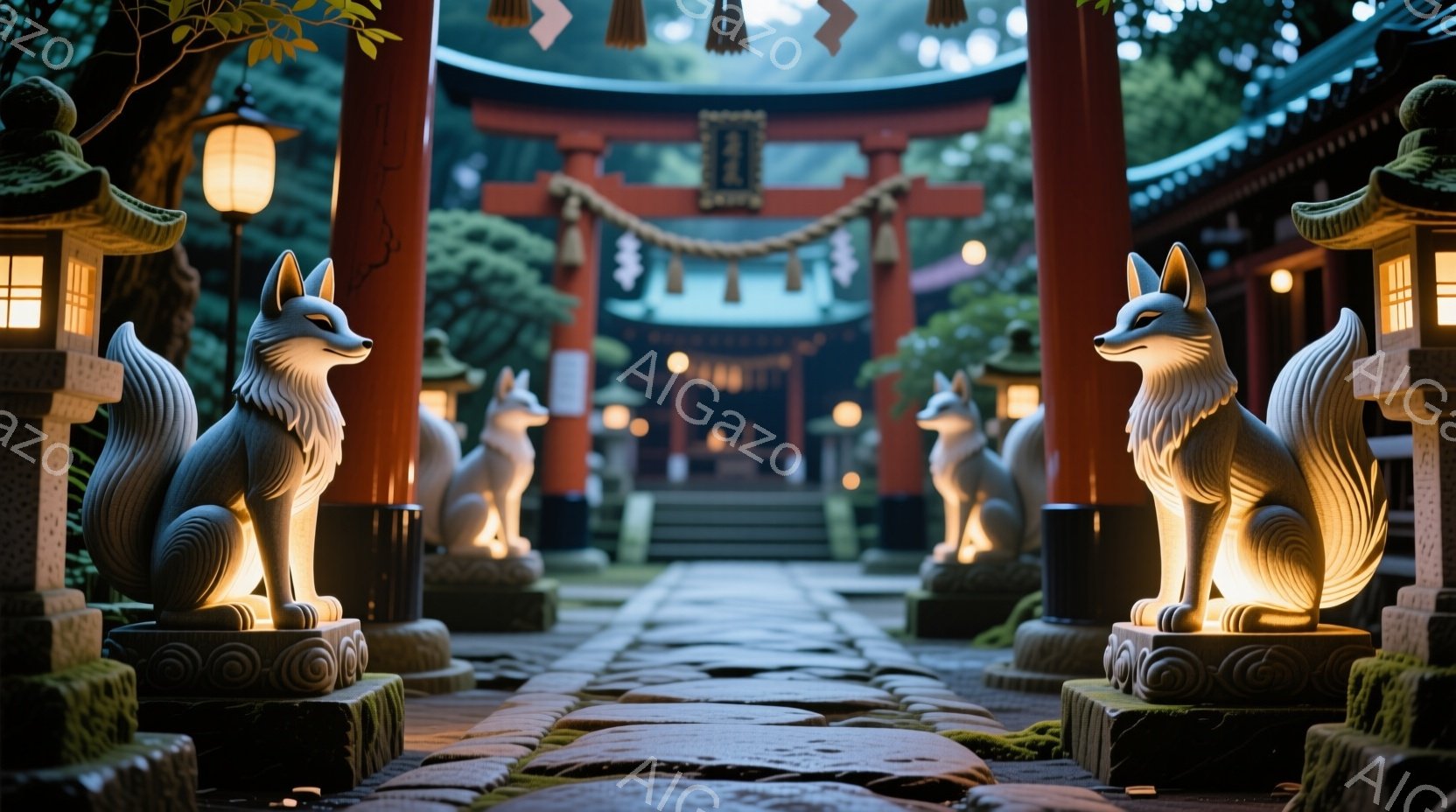 石畳の道が真っ直ぐに続く参道には、左右に狐の像が並び、神聖な雰囲気を醸し出している。朱色の鳥居と緑豊かな木々が背景にあり、雨上がりの湿った空気を感じさせる静かで落ち着いた光景である。柔らかい光が狐の像 - AI生成フリー素材
