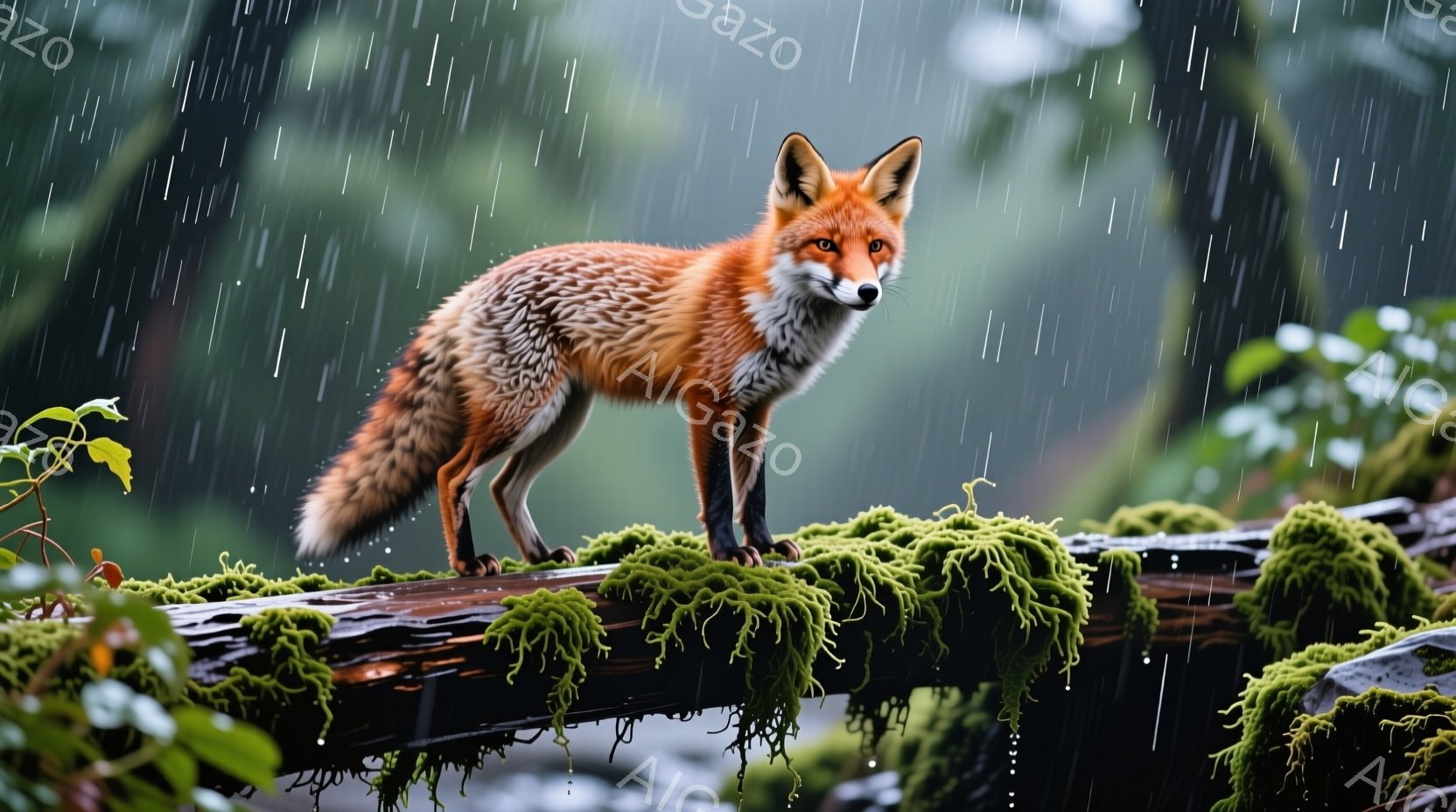 赤褐色の毛並みを持つキツネが、苔むした木の幹の上に立っている。雨が降り注ぎ、キツネは正面をまっすぐ見つめ、警戒しているような表情をしている。背景は緑豊かな植物で覆われ、全体的に湿り気のある静かで自然な雰囲気が漂っている。