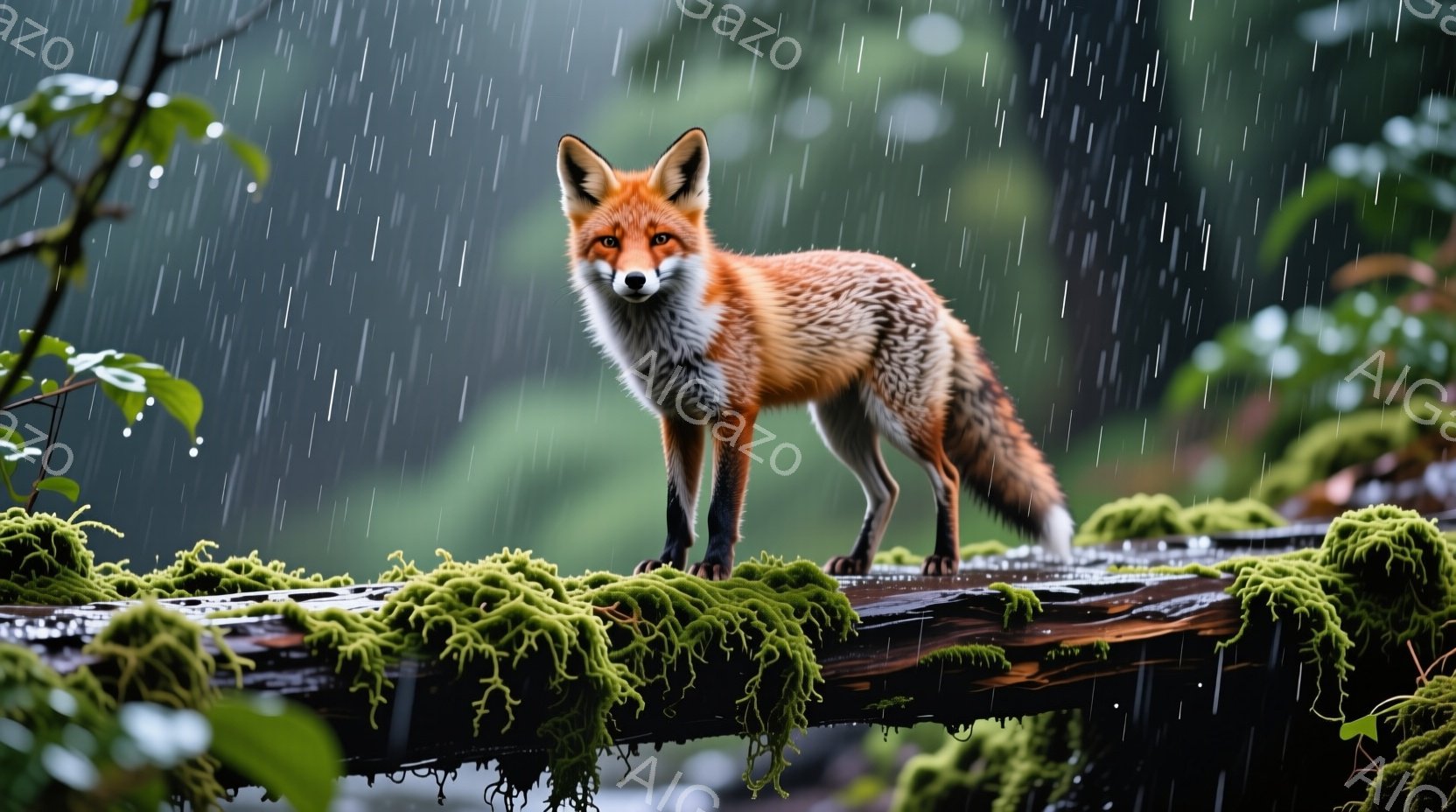 鮮やかな赤褐色の毛並みを持つキツネが、苔むした木の枝の上に立っている。雨が激しく降り注ぎ、背景は緑豊かな森林で、水滴が木々や葉を濡らしている。キツネは前方をまっすぐ見つめ、凛々しく、湿った空気の中で威厳のある姿を見せている。