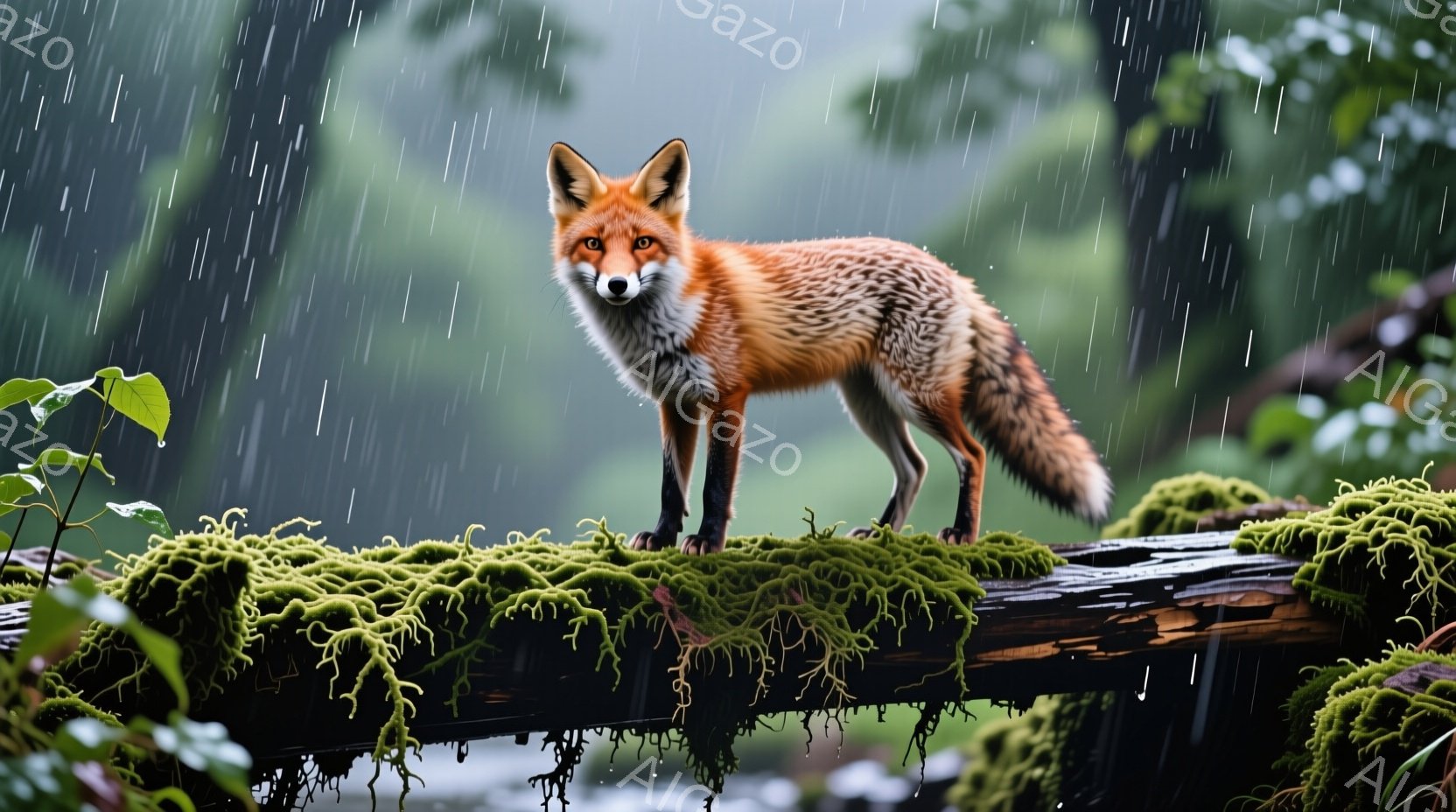 深い森の中で、鮮やかな赤褐色のキツネが苔むした丸太の上に堂々と立っている。雨が強く降り注ぎ、キツネの毛並みを濡らし、周囲の緑をより一層鮮やかに見せている。背景にはぼやけた木々が見え、全体的に静かで湿り気のある、自然の厳しさを感じさせる雰囲気である。