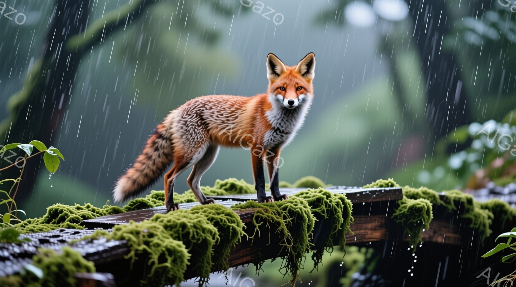 鮮やかな赤褐色の毛並みを持つキツネが、苔むした木の柵の上に凛と立っている。背景は雨に煙る緑豊かな森林で、雨粒が画面全体に降り注いでいる。全体的に湿り気を帯びた、静かで神秘的な雰囲気が漂っている。 - AI生成フリー素材