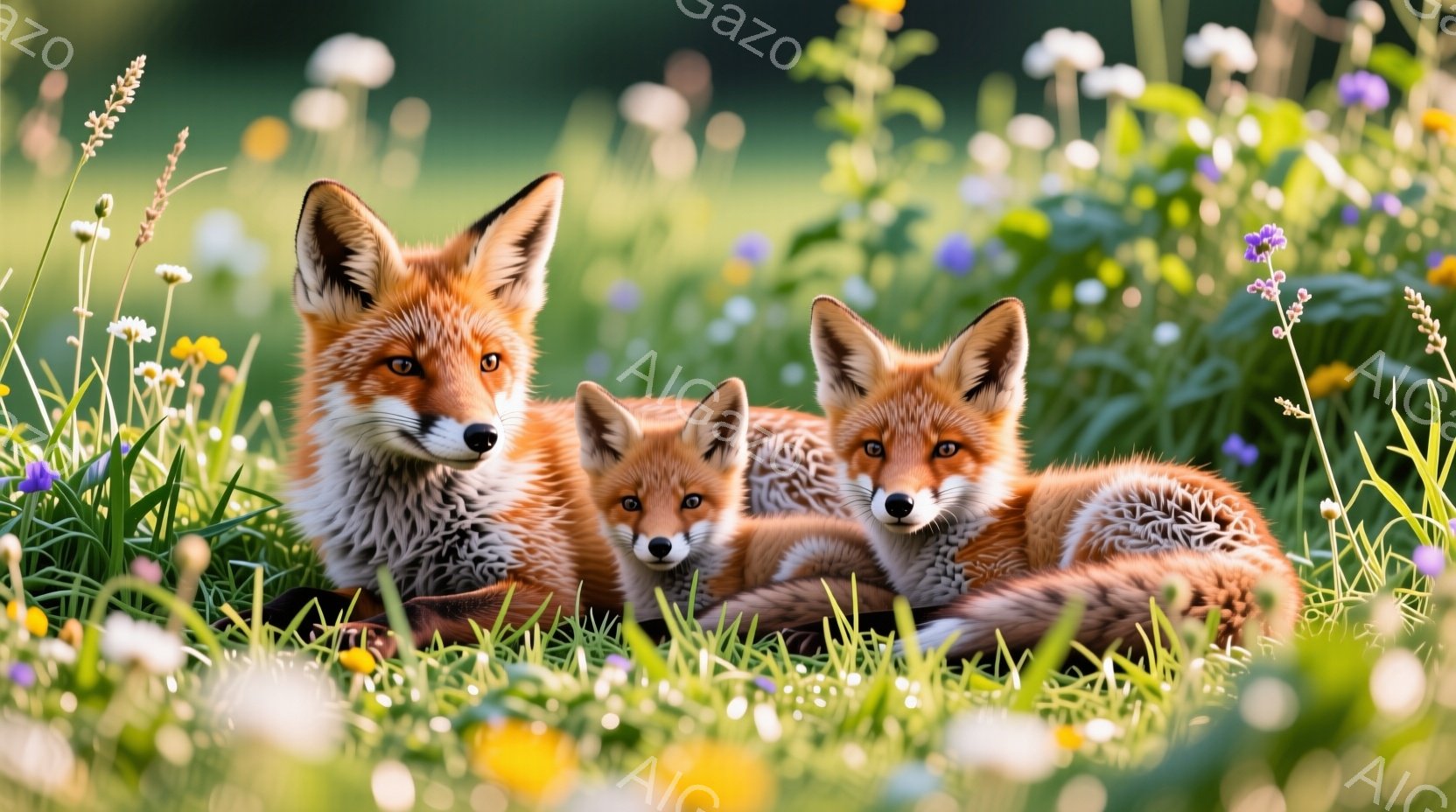 鮮やかな緑の草原に、親キツネと子キツネ2匹が寄り添って横たわっています。親キツネは前方をじっと見つめ、子キツネたちはリラックスした表情で眠っているようです。背景には、多様な野花が咲き乱れ、穏やかで平和な雰囲気を醸し出しています。