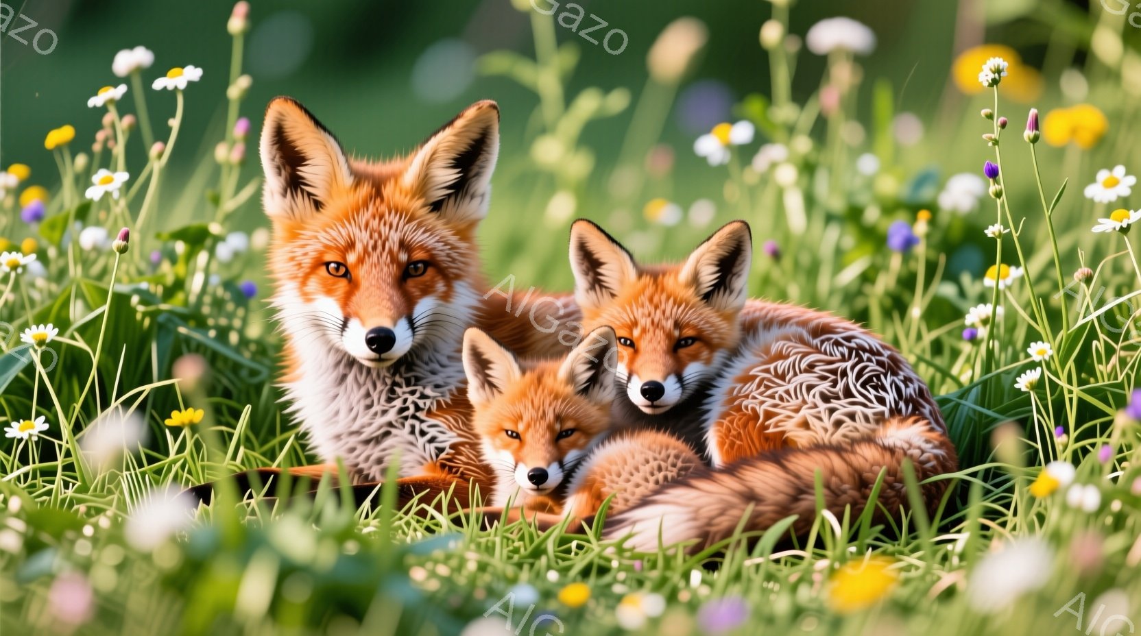 広々とした緑の草原で、親キツネとその子キツネたちが寄り添って休んでいます。親キツネは毛並みが美しく、子キツネたちはまだ幼く、毛並みも柔らかい印象です。背景には様々な色の野花が咲き乱れ、暖かく穏やかな雰 - AI生成フリー素材