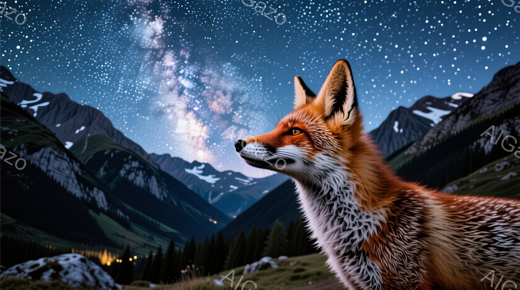 広大な山々に囲まれた緑の斜面に、美しい毛並みのキツネが佇んでいます。空には天の川が流れ、夜空を明るく照らし、キツネは遠くを見つめるように少し上向きに顔を上げています。全体的に静かで神秘的な雰囲気が漂い - AI生成フリー素材