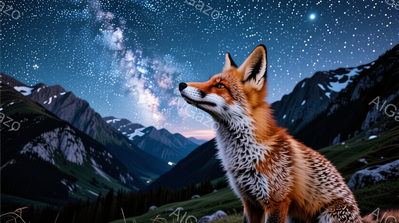 広大な山岳地帯を背景に、鮮やかなオレンジ色のキツネが描かれています。キツネは少し上を見上げ、遠くを見つめるような表情をしています。背景には緑の丘と険しい山々が広がり、夜空には天の川が輝き、静かで神秘的 - AI生成フリー素材