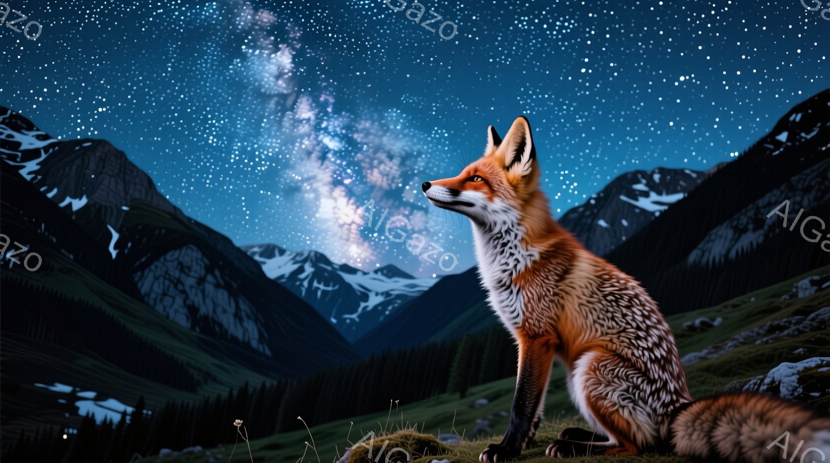 明るいオレンジ色の毛並みを持つキツネが、緑豊かな丘の上に座り、夜空を見上げている。背景には雪を頂いた山々が連なり、壮大な自然の風景が広がり、星空が輝いている。キツネは静かに、何かを待ち望んでいるかのよ - AI生成フリー素材