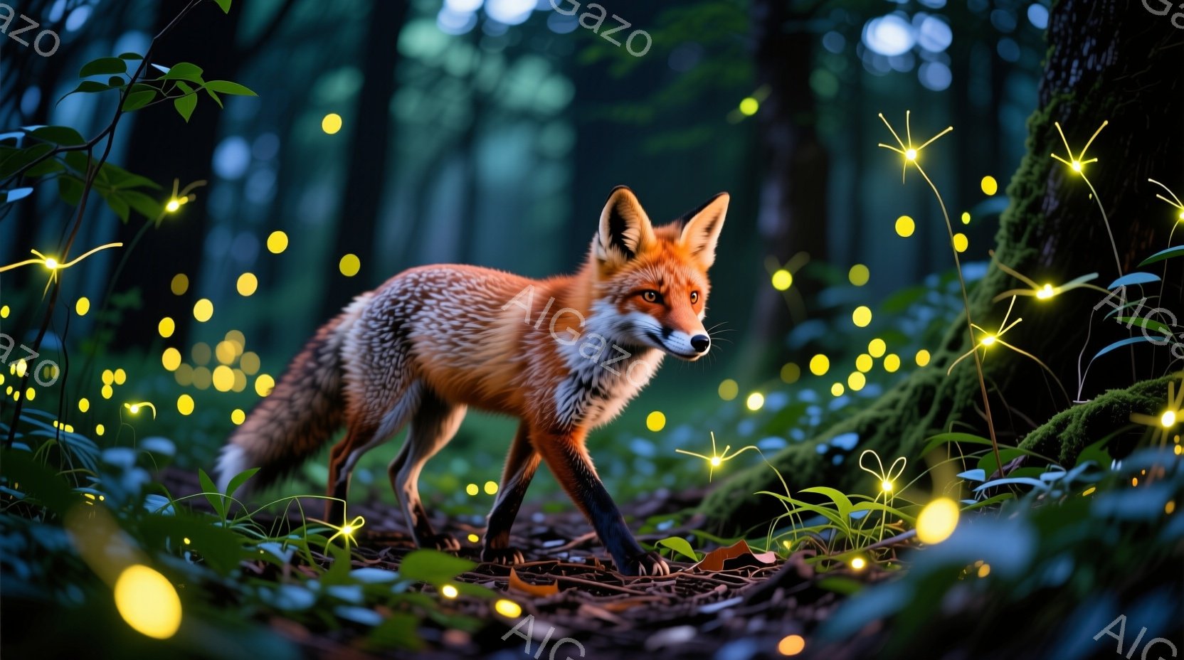 赤褐色の毛並みのキツネが、緑豊かな森林の中で前方を向いて歩いている。背景には苔むした木々や植物が生い茂り、周囲には幻想的な光点が舞っている。全体的に神秘的で静寂な雰囲気が漂い、自然の美しさを強調してい - AI生成フリー素材