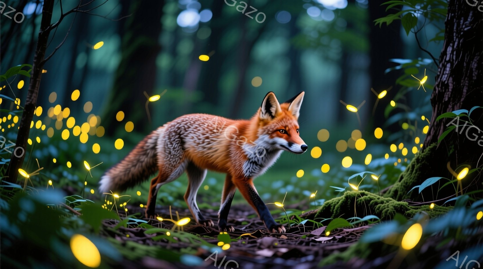 鮮やかな赤褐色の毛並みを持つキツネが、緑豊かな森林の中を歩いている。周囲には無数の光る粒子が舞い、幻想的な雰囲気を醸し出している。背景には木々が生い茂り、湿った土と緑の苔が、静かで神秘的な森の情景を作 - AI生成フリー素材