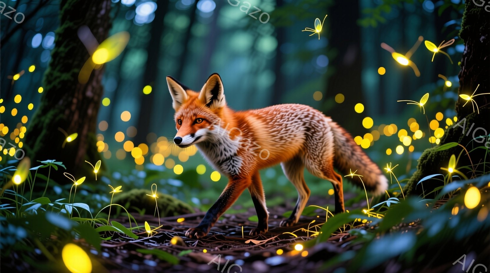 明るいオレンジ色の毛並みを持つキツネが、緑豊かな森の中を前進している。周囲には黄色い光の粒子が舞い、神秘的な雰囲気を醸し出しており、足元には小さな花々が咲き誇っている。森は暗く、木々が生い茂り、キツネ - AI生成フリー素材