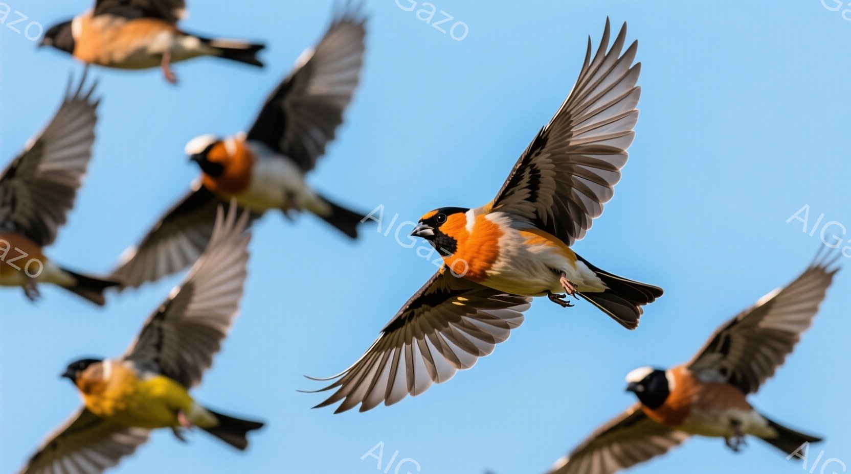 空を飛ぶ鳥たちが写っている。茶色、黒、白、黄色を基調とした美しい羽毛を持ち、翼を大きく広げて活発に飛び回っている。背景は晴れた青空で、鳥たちの躍動感と自由な雰囲気を強調している。
