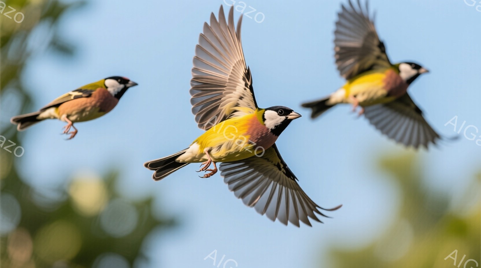 明るい空を背景に、３羽の黄色の鳥が飛んでいる様子が捉えられています。鳥たちは翼を広げ、ダイナミックな飛行姿勢を見せており、羽の模様が詳細に表現されています。背景には緑の葉がぼんやりと見え、穏やかで自然 - AI生成フリー素材