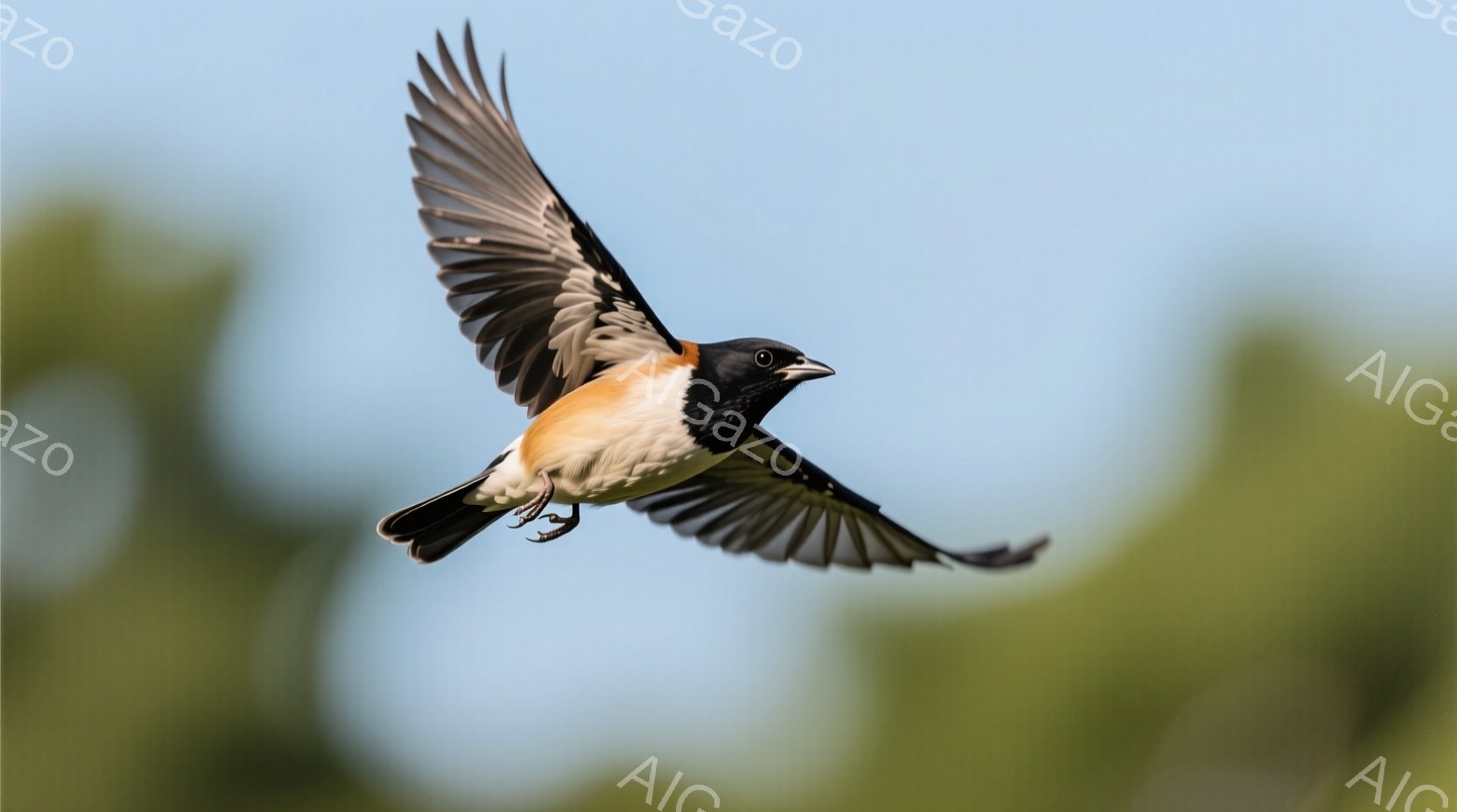 黒と白のコントラストが美しい鳥が、翼を大きく広げて空を飛んでいる。背景は緑色のぼやけた木々で、晴れた空が広がっている。鳥の活発な動きと鮮やかな色彩が、生命力に満ちた印象を与える。 - AI生成フリー素材