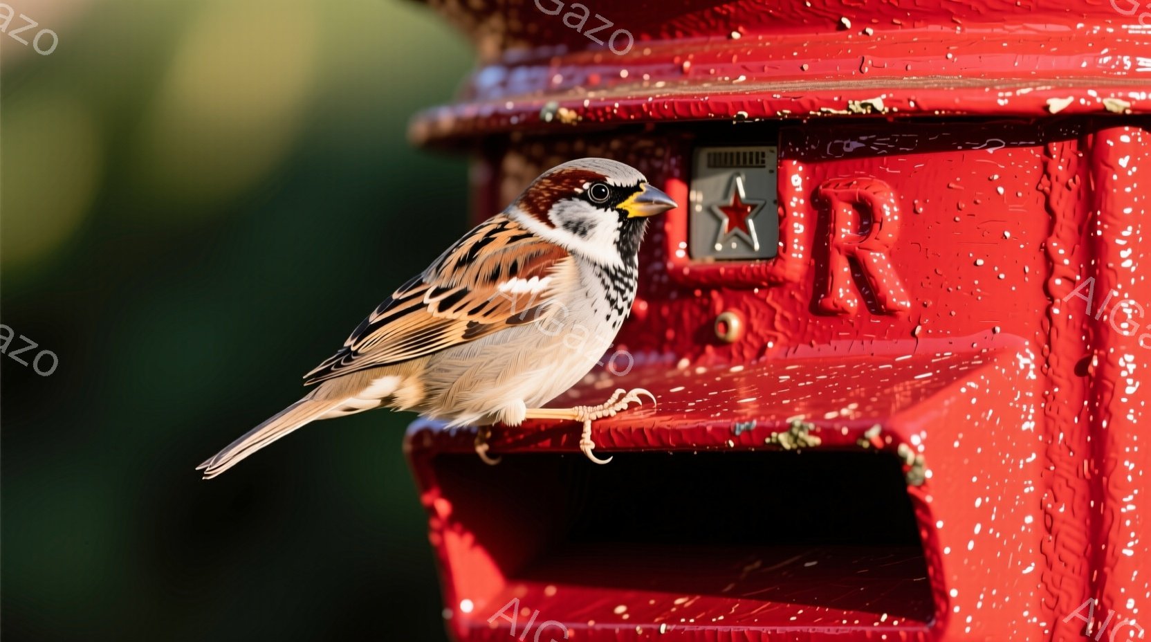 赤い郵便ポストに、一羽の雀が止まっています。雀は茶色と黒の模様があり、鋭い眼光でこちらを見ています。背景は緑色のぼやけた自然で、郵便ポスト全体に水滴がついており、雨上がりの穏やかな雰囲気を醸し出しています。