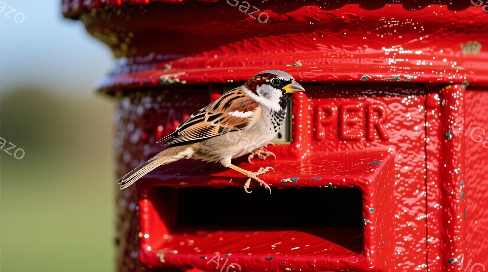すずめが赤い郵便ポストにとまっており、まるでポストの一部であるかのように見えます。すずめは茶色と灰色が混ざった羽を持ち、鋭い視線で前方を向いています。背景には緑の草地が広がり、晴れた日の穏やかな雰囲気 - AI生成フリー素材