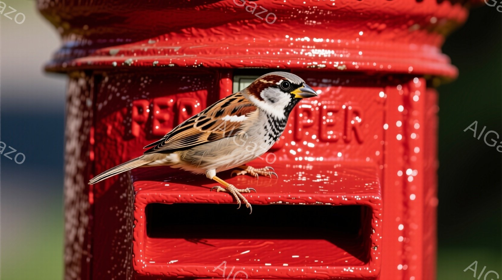 赤い郵便ポストの上に、一羽の雀が止まっています。雀は茶色と黒の羽毛を持ち、鋭い眼差しで何かを見つめているようです。背景は緑の草地で、晴れた日の穏やかな雰囲気が漂っています。