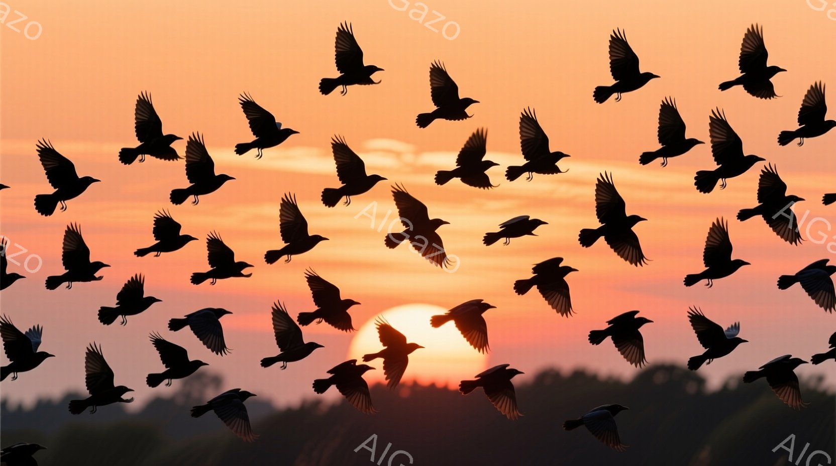 夕焼け空を背景に、多数の黒い鳥が群れをなして飛んでいる様子が捉えられています。地平線付近には太陽が沈みかけ、空はオレンジ色と赤色のグラデーションで染められています。遠くには木のシルエットが見え、静かで - AI生成フリー素材