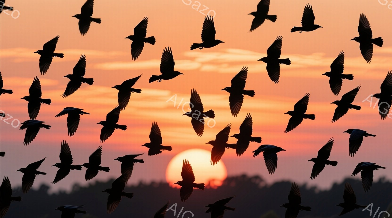 燃えるような夕焼け空を背景に、たくさんの鳥がシルエットとなって飛んでいる様子が捉えられています。鳥たちは一様に翼を広げ、群れで空を舞う姿は躍動感にあふれ、自由な雰囲気を醸し出しています。地平線には木々のシルエットが見え、夕暮れの静寂と自然の美しさが感じられます。