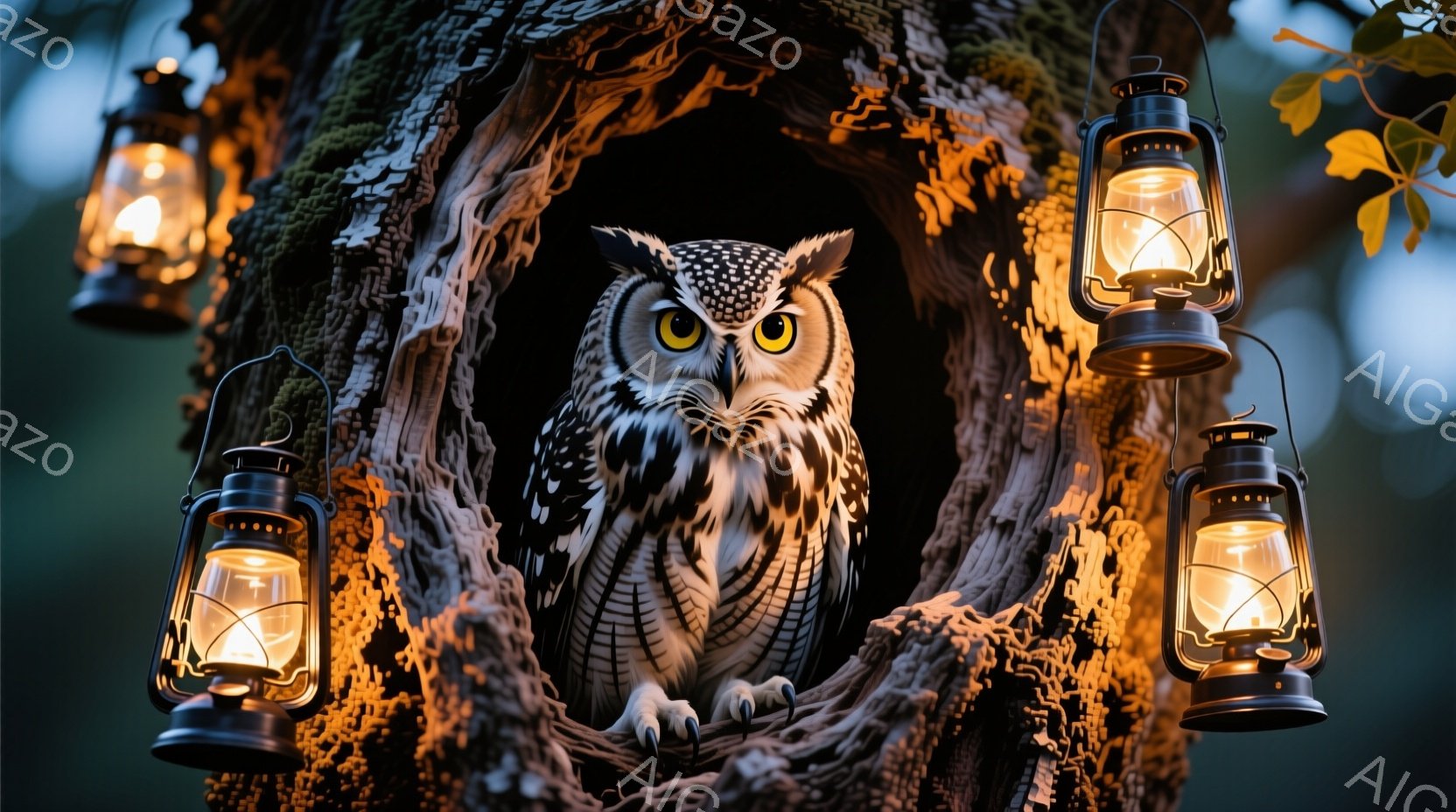 深い森の中で、大きなフクロウが木の洞に腰掛けている姿が捉えられています。フクロウは鋭い眼光で正面を見つめ、その羽毛は白と茶色の美しい模様で覆われています。周囲には、点灯したランタンが吊るされ、暗い森の - AI生成フリー素材