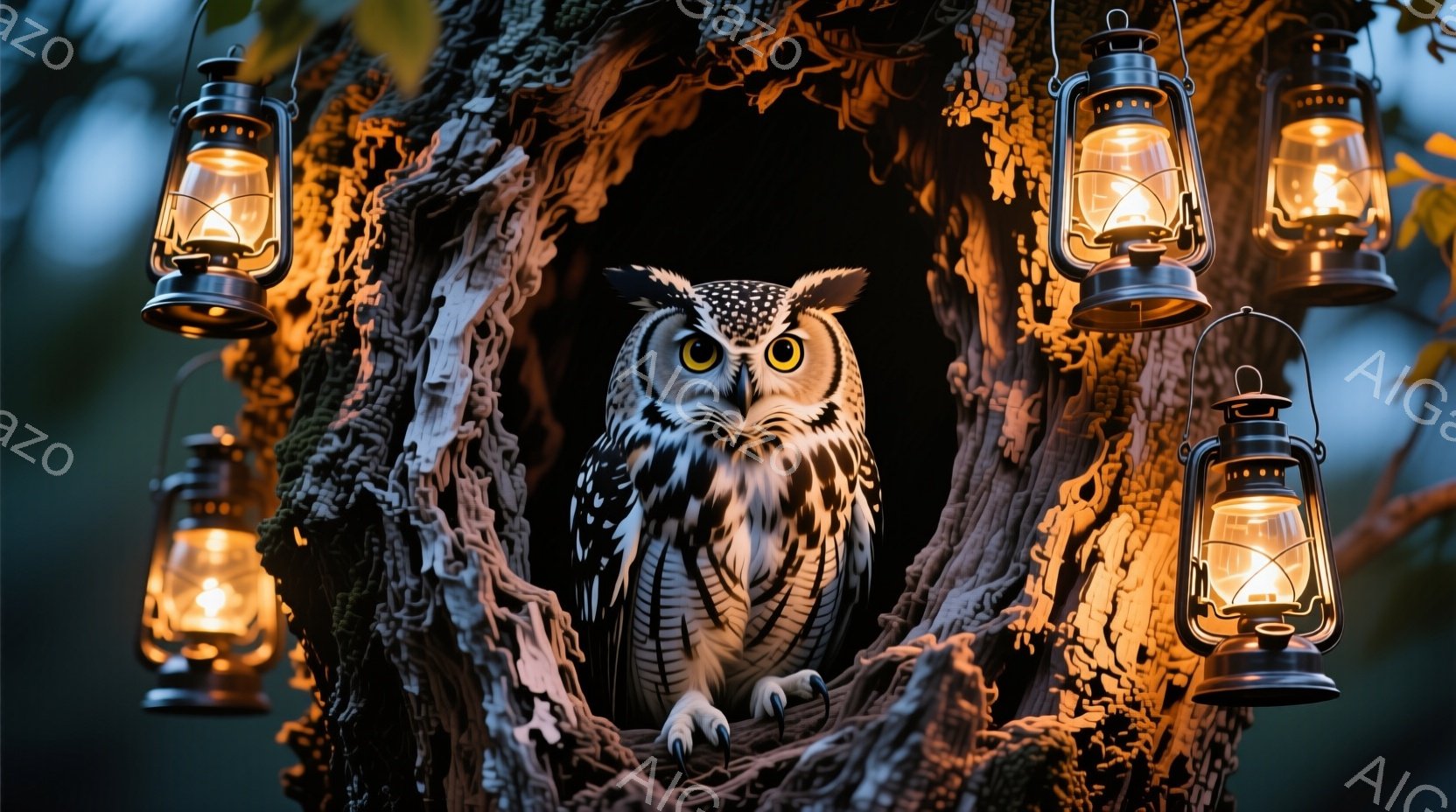 深い森の中で切り株に座る、大きく美しいフクロウが印象的です。その鋭い目は金色に輝き、詳細な羽毛模様が特徴的です。周囲には点灯したランタンが吊るされ、神秘的で幻想的な雰囲気を醸し出しています。