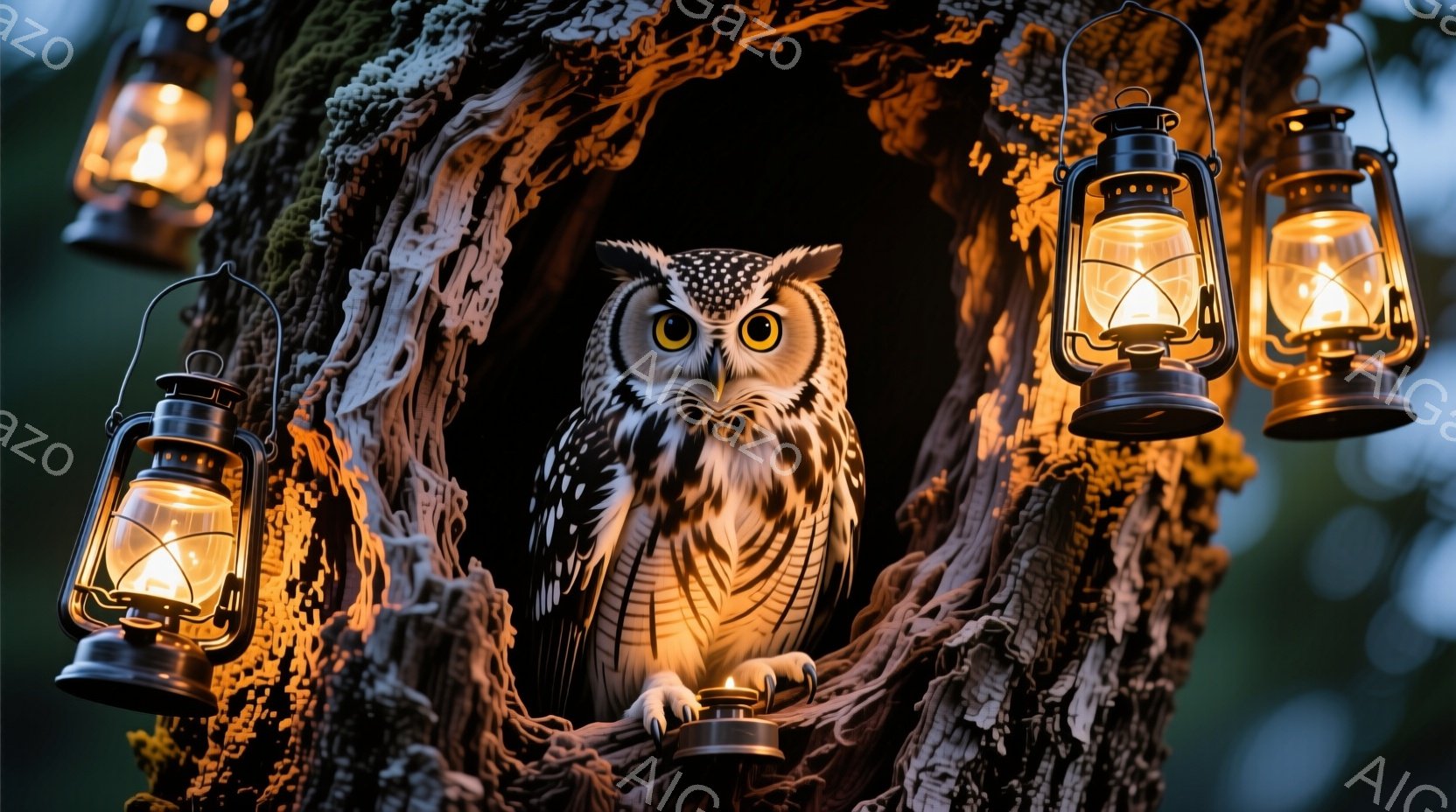 深い森の中の古木のくぼみに、大きなフクロウが落ち着いた様子で座っている。周囲には点灯したランタンが配置され、フクロウの羽毛と暗い木肌を照らし、神秘的な雰囲気を醸し出している。ランタンの光とフクロウの鋭い視線が、静寂の中に緊張感をもたらしている。
