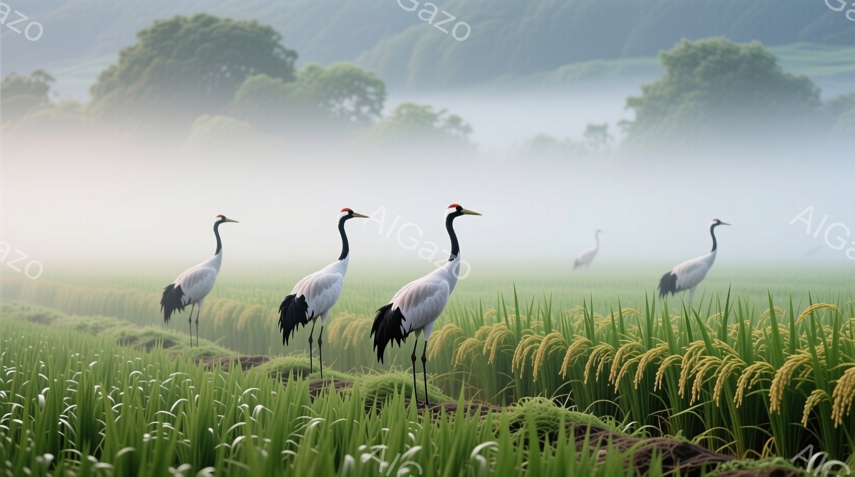 霧深い田園風景の中に、優雅な姿の鶴たちが立っている。緑豊かな稲穂の間を歩き、長い脚を伸ばし、赤い頭と首が際立っている。背景にはぼんやりとした山の稜線が見え、全体的に静寂で幻想的な雰囲気が漂っている。