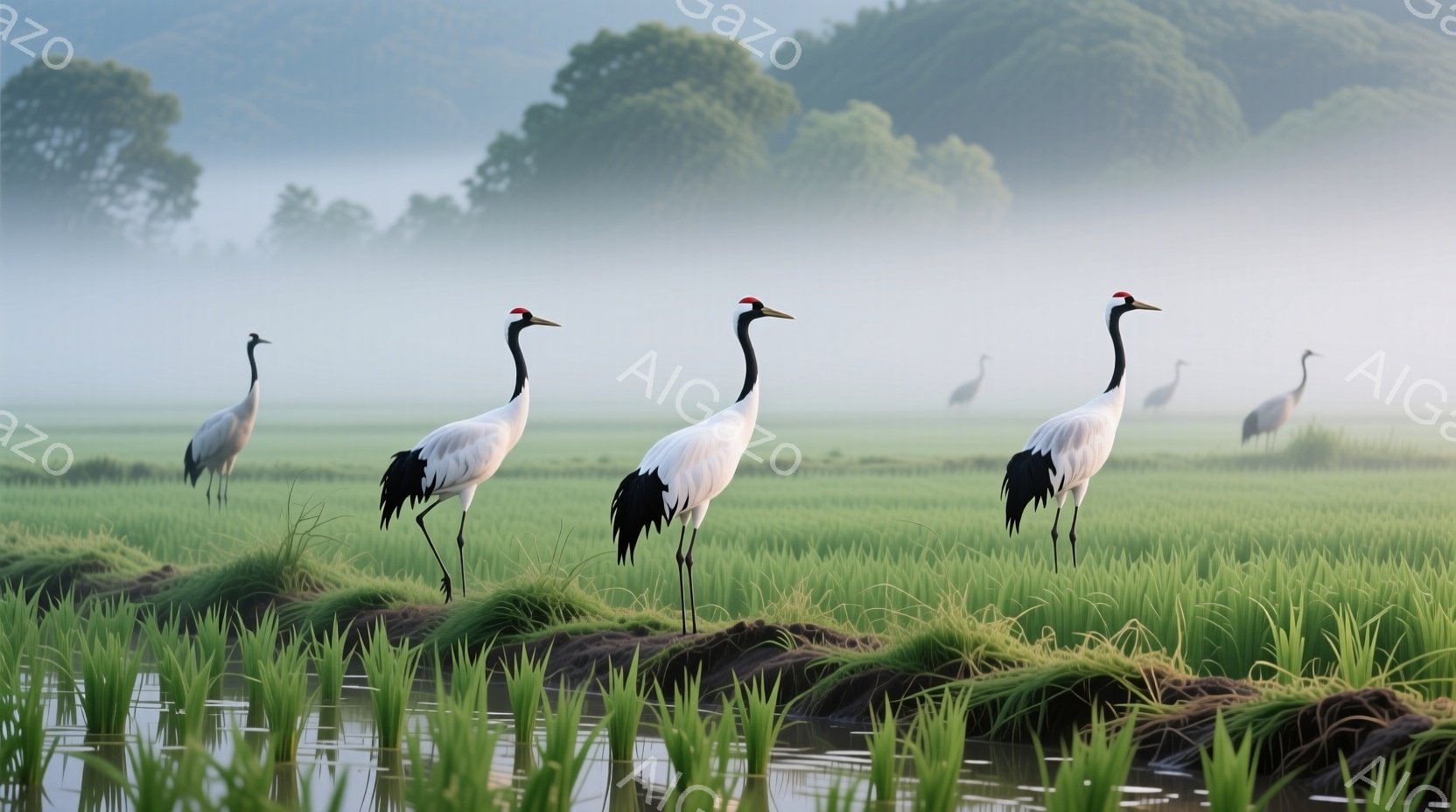 濃い緑色の田んぼの中に、数羽の鶴が悠々と立っている。朝霧が立ち込め、鶴の姿をぼんやりと浮かび上がらせ、静かで幻想的な雰囲気を醸し出している。鶴は長い脚で水辺を歩き、その優雅な姿は自然との調和を表現している。