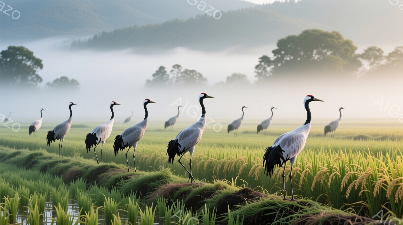 広大な稲田の中に、優雅な姿の鶴たちが一列に並んで立っている。朝霧が立ち込め、背景の山々をぼんやりと覆い、幻想的な雰囲気を醸し出している。緑色の稲穂が太陽の光を浴びて輝き、鶴たちの白い羽毛と鮮やかなコン - AI生成フリー素材