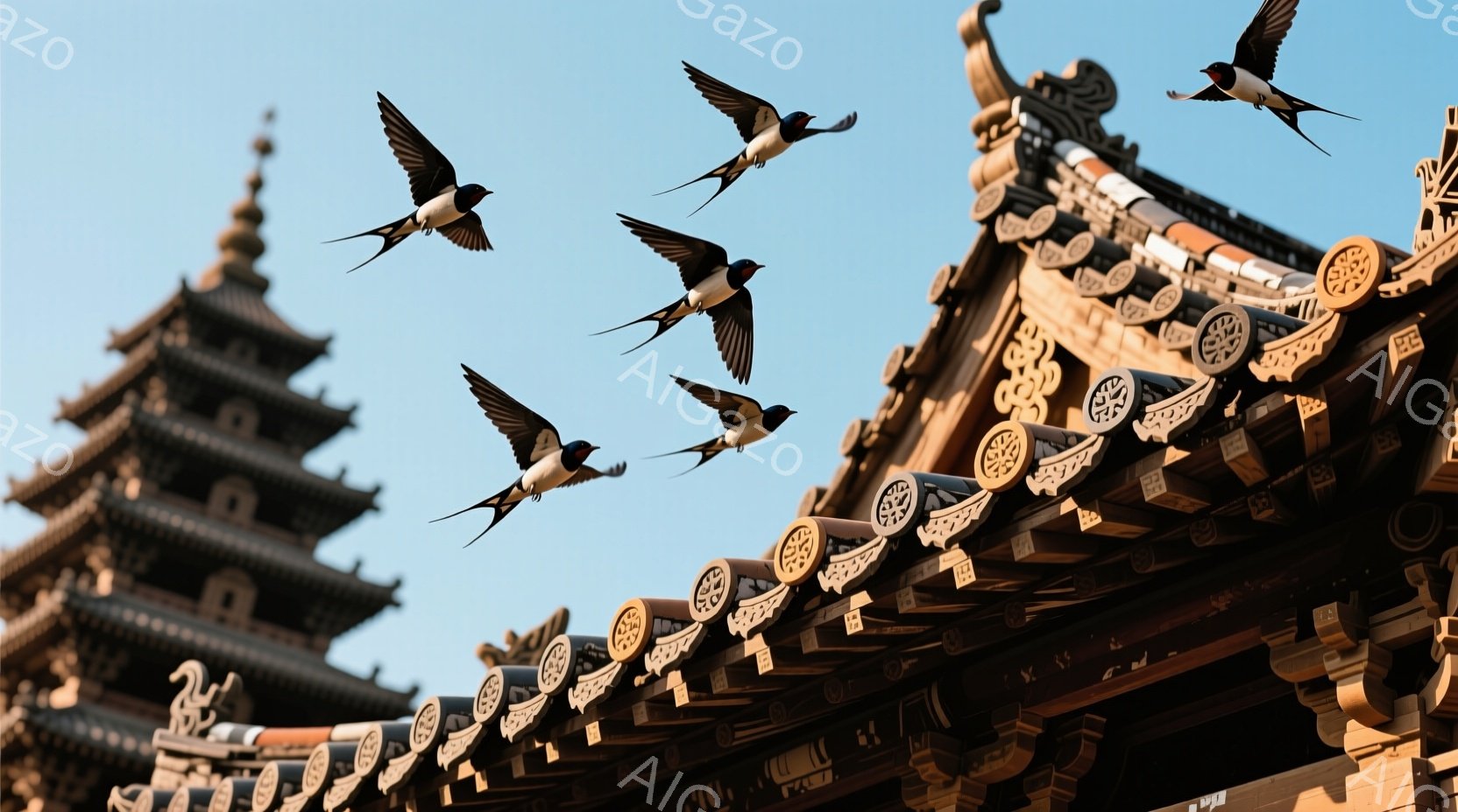 寺院の屋根に数羽のツバメが舞っている様子が捉えられています。屋根は精巧な装飾が施され、背景には伝統的な様式の塔がそびえ立っています。晴れた空と寺院の優美な建築が組み合わさり、静かで平和な雰囲気を醸し出 - AI生成フリー素材