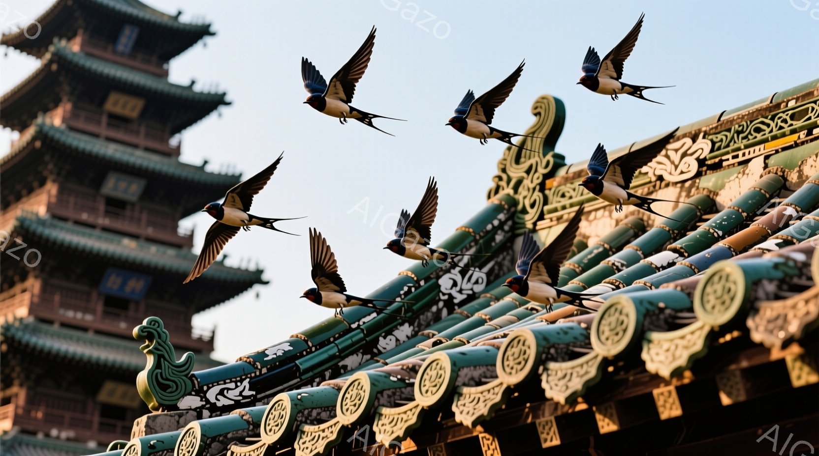 古代様式の屋根にツバメたちが飛び交っている様子が捉えられています。緑色の瓦屋根には精巧な装飾が施され、背景には高くそびえる塔がシルエットとなって見えます。空は明るく晴れており、平和で静謐な雰囲気を醸し出しています。