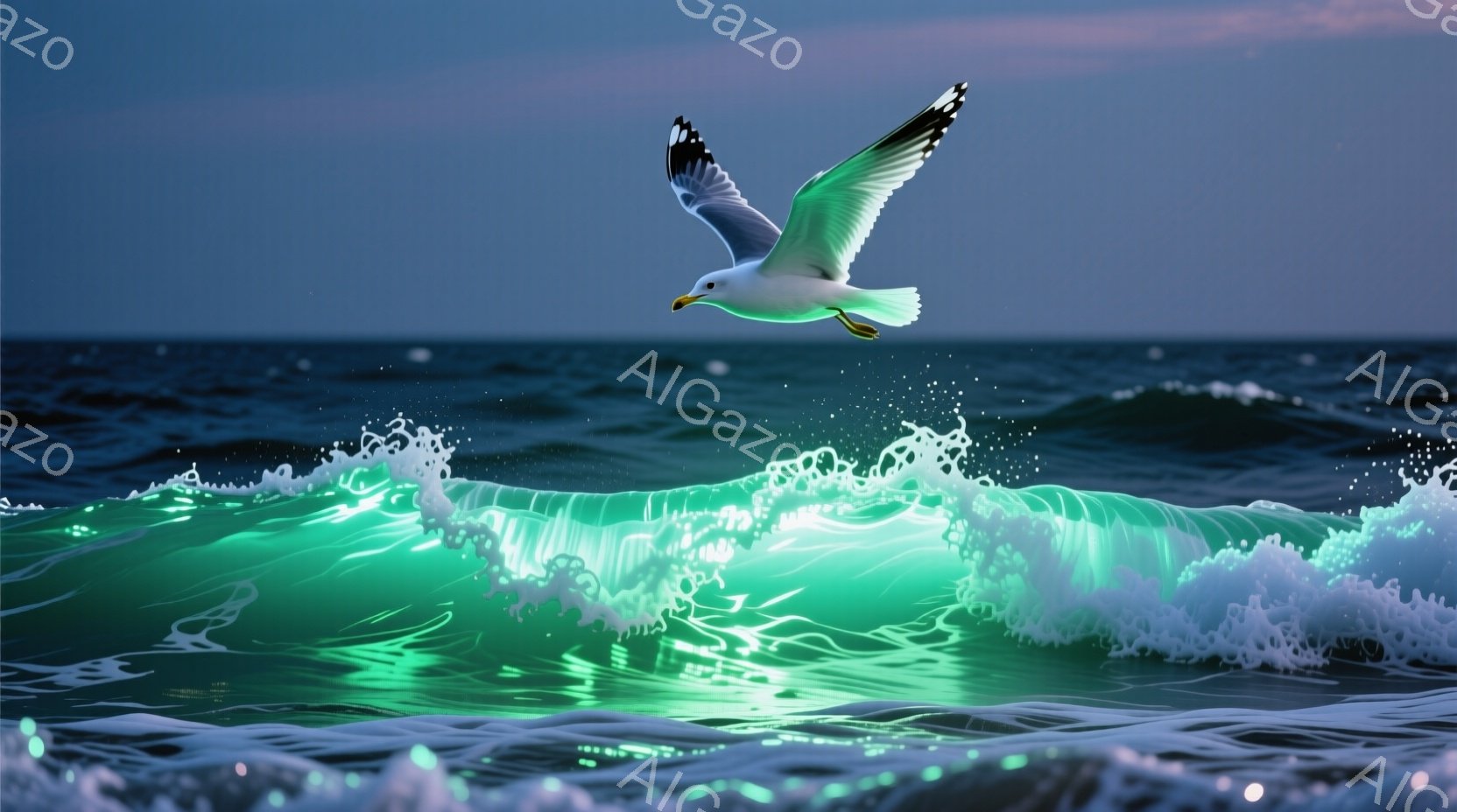 鮮やかなエメラルドグリーンの波が力強くうねり、白く輝く泡が飛沫をあげている。空には一羽のカモメが翼を広げ、海面を滑空するように飛んでいる。背景は暗く、波の緑とカモメの白が際立ち、幻想的で神秘的な雰囲気を醸し出している。