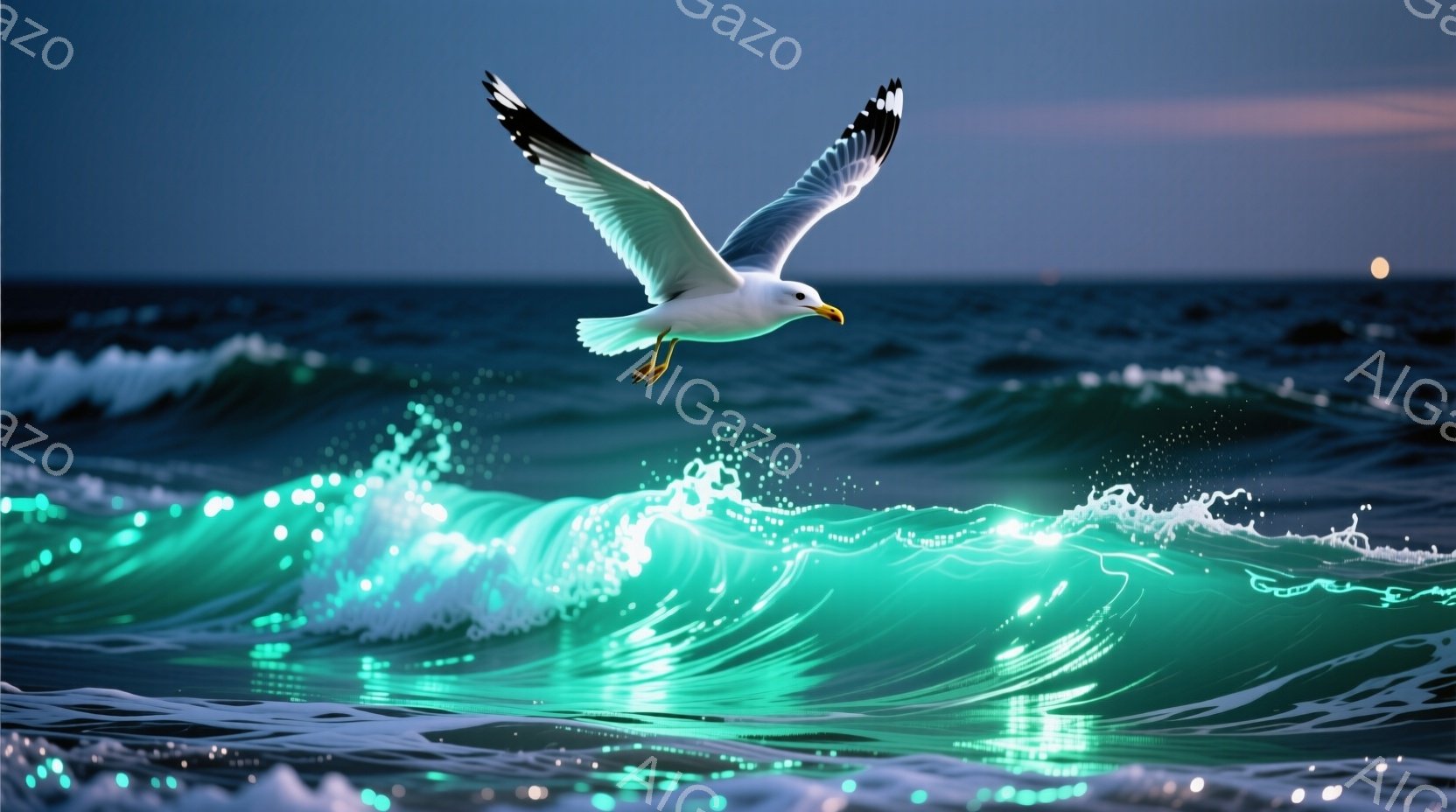 広大な海の上を、翼を広げたカモメが飛んでいる。海面はエメラルドグリーンと白の渦巻き状になっており、まるで光る波のようになっている。夜明けのような薄暗い空と、波のきらめきが幻想的な雰囲気を醸し出している - AI生成フリー素材