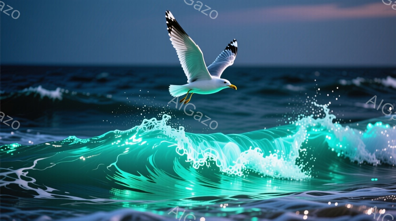 鮮やかなターコイズブルーの波がうねり、波頭には白い泡が輝いている。波の上を舞うカモメは翼を広げ、鋭い目つきで前を見据えている。全体的に幻想的で、波の光とカモメの飛翔が力強い生命力を感じさせる。 - AI生成フリー素材