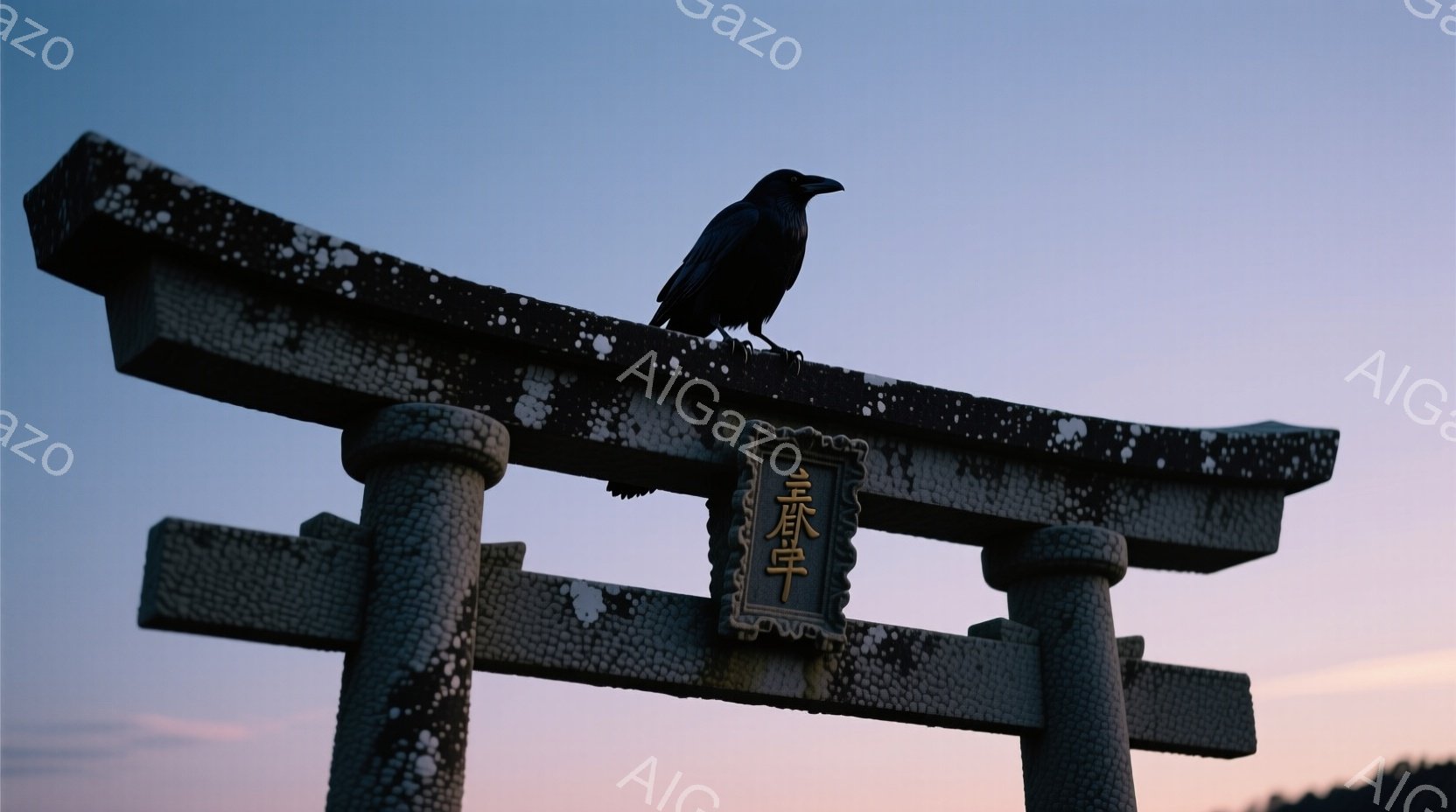鳥居の上に黒いカラスが止まっています。背景は夕焼け空で、鳥居の石の色合いと空のグラデーションが美しいコントラストを生み出しています。全体的に静かで神秘的な雰囲気が漂っています。
