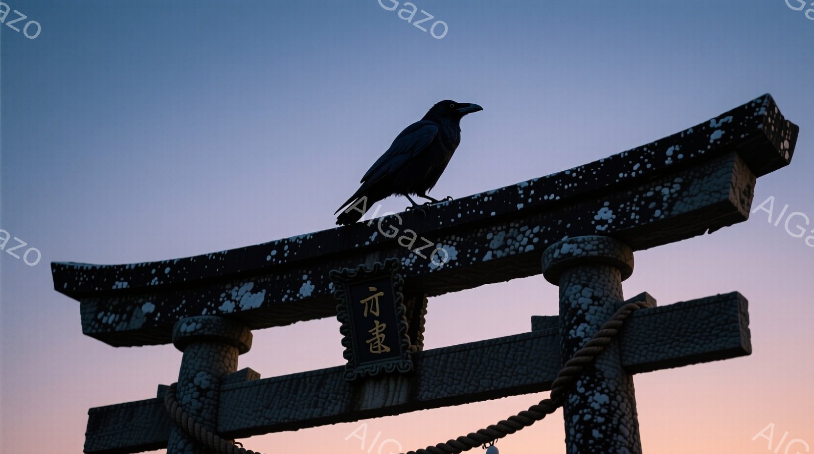 漆黒の鳥が、朱色の鳥居の頂上に静止している。鳥居は古びた木造で、所々に白い斑点が確認でき、長い年月を感じさせる。空は夕焼けの名残で、薄いオレンジ色から青色へとグラデーションを描き、神聖な雰囲気を醸し出 - AI生成フリー素材
