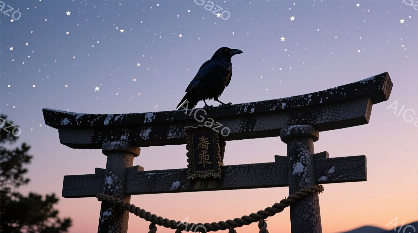 朱色の鳥居の上に、一羽の黒いカラスが止まっています。背景は夕焼け空で、オレンジと紫が混ざり合い、遠くには山並みが薄く見えます。神聖な雰囲気と、静寂の中にたたずむカラスの姿が印象的です。 - AI生成フリー素材