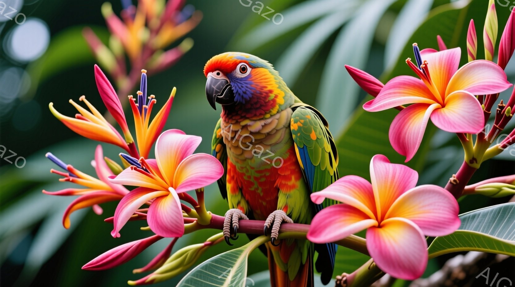 色鮮やかなコンゴウインコが、ピンクとオレンジ色のハイビスカスや他の熱帯の花々の間に止まっています。インコは鮮やかな赤、緑、青の羽を持ち、好奇心に満ちた表情でこちらを見ています。背景は緑豊かな葉に覆われ、鮮やかな色彩と自然の美しさが感じられる、熱帯の楽園のような雰囲気です。