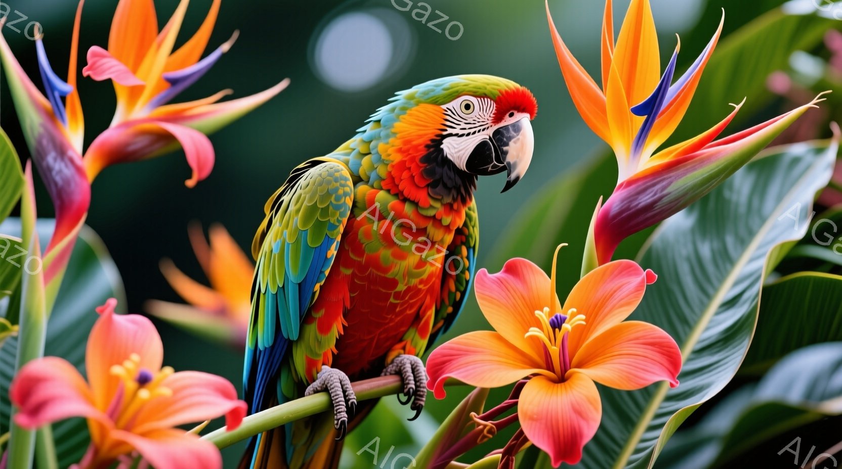 色鮮やかなコンゴウインコが、オレンジと赤の美しいユリやストレリチアに囲まれて枝に止まっています。その羽は赤、緑、青、黄色が混ざり合い、生き生きとした印象を与えます。背景は緑豊かな植物で覆われ、熱帯の自然を感じさせる、鮮やかで活気のある雰囲気です。