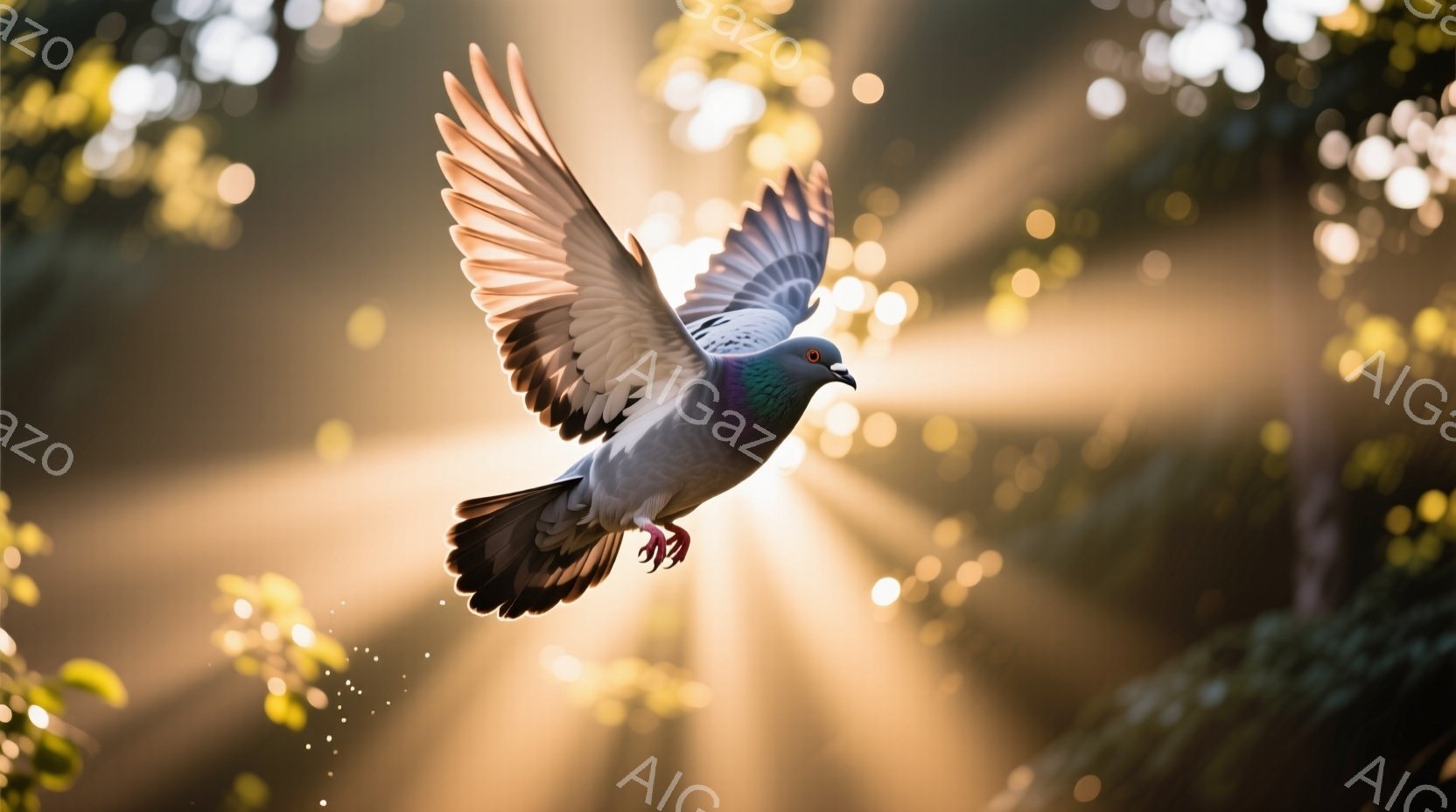 一羽のハトが翼を大きく広げ、空を飛んでいる様子が捉えられています。背景には木々の緑と、太陽光が差し込む明るい光芒が広がり、暖かく穏やかな雰囲気を醸し出しています。ハトの羽は細部まで鮮明に写り、力強くも - AI生成フリー素材