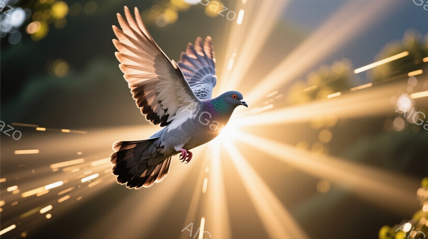 空を飛ぶ鳩が捉えられています。翼を大きく広げ、羽毛のディテールが鮮明に見え、力強く飛んでいる様子が伝わってきます。背景には光芒が差し込み、鮮やかな自然光の中で、鳩の姿が際立っています。