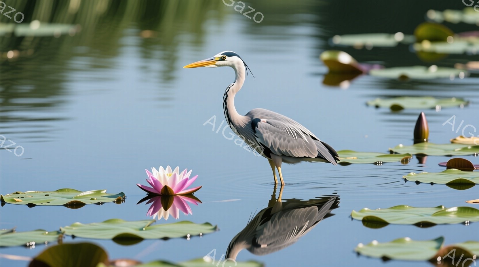 穏やかな水面に、一羽のサギが優雅に立っている。ピンク色の蓮の花が咲き、水面にはサギの鮮明な影が映り込んでいる。緑色の睡蓮の葉が水面を覆い、静かで平和な雰囲気を醸し出している。